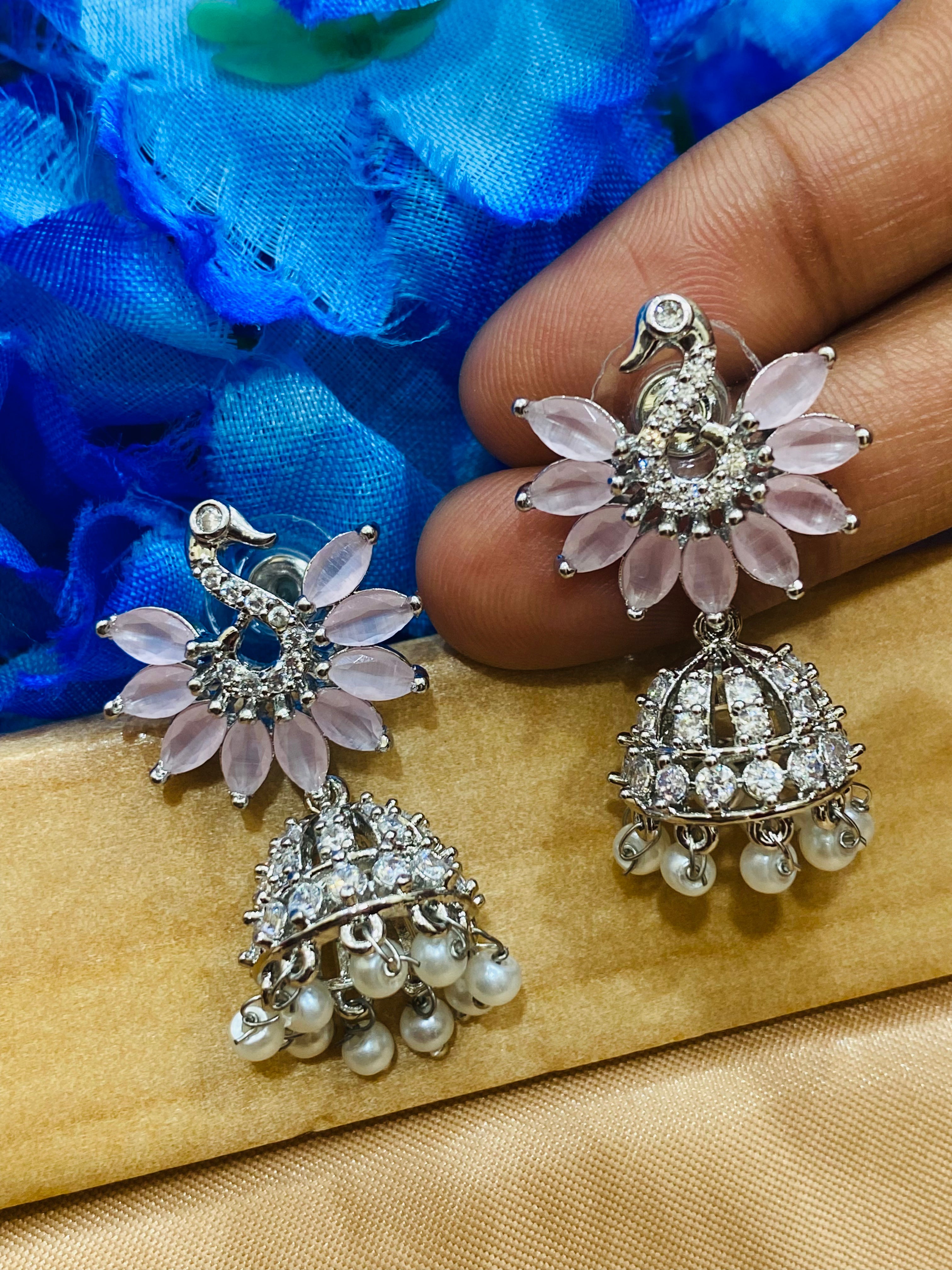 Stylish Light Pink American Diamond Jhumka Earrings for Women | Elegant Indian Ethnic Jewelry | Perfect for Weddings, Parties & Festive Occasions