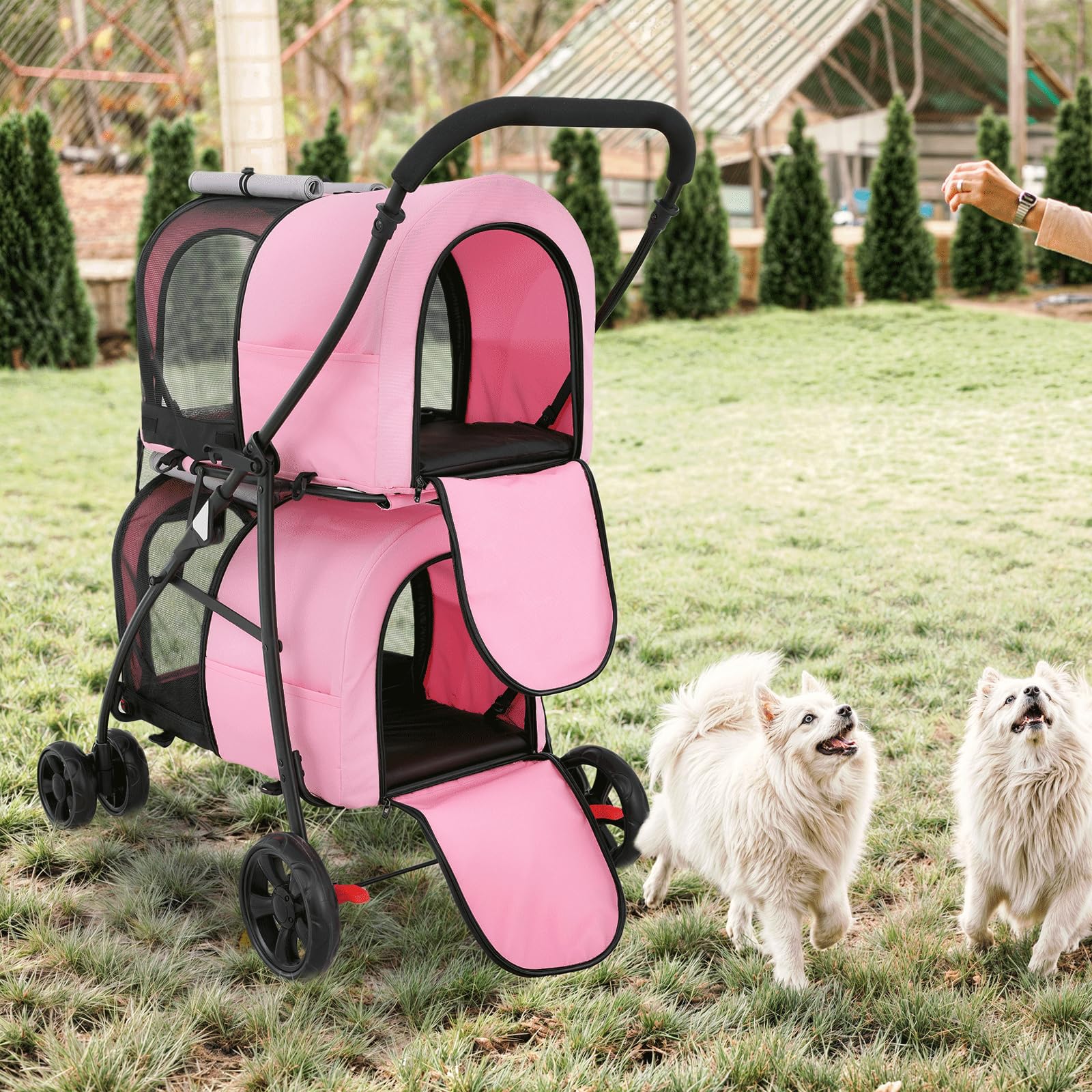 MoNiBloom Double Dog Stroller with Removable Carrier Bags - Large 4-Wheel Foldable Pet Jogger for Small & Medium Dogs & Cats (Pink/Gray) - Perfect for Park Walks, Vet Visits & Outdoor Adventures