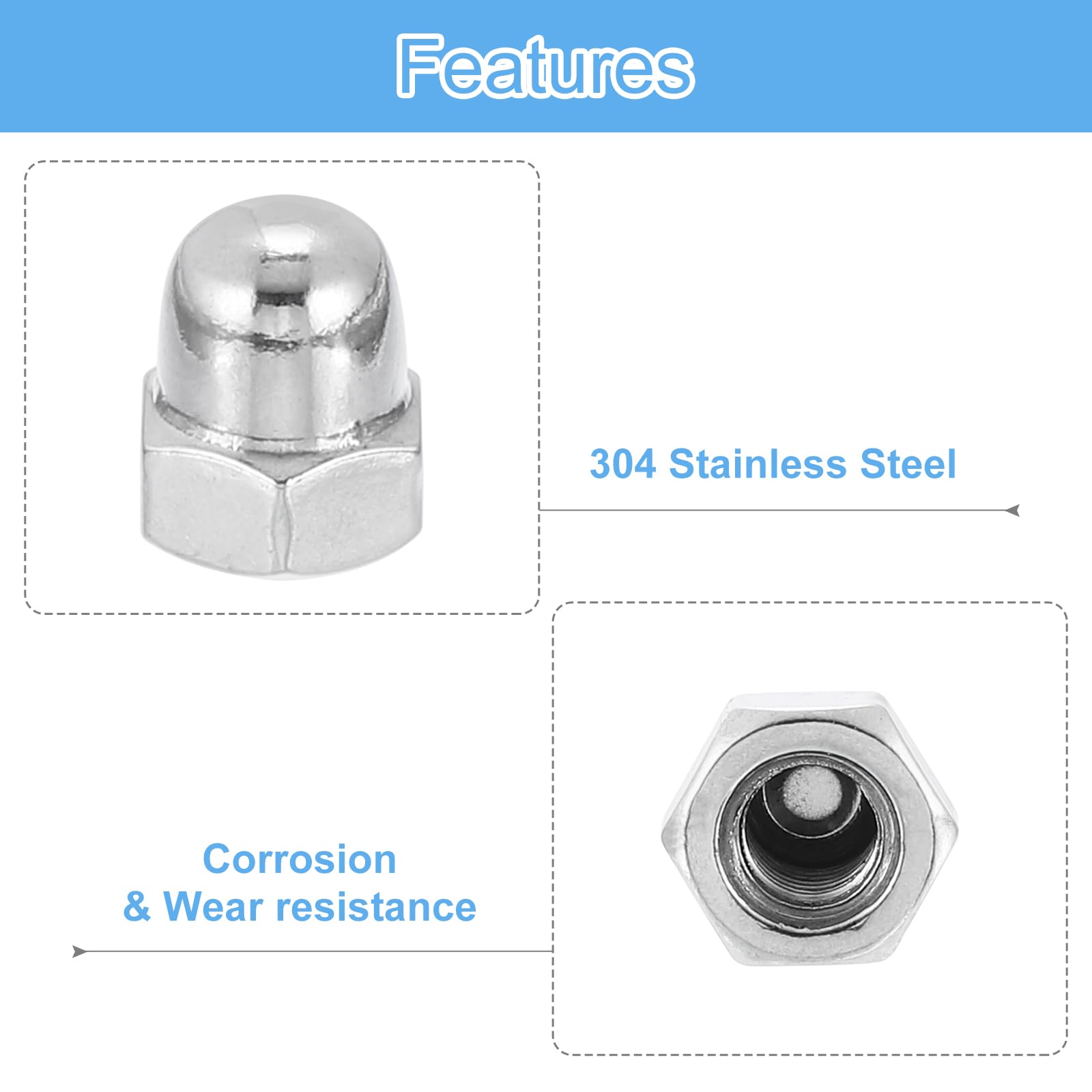 uxcell 50Pcs M6x1.0 304 Stainless Steel Acorn Cap Nuts - Dome Head Hex Nut for Bolt Cover Protection, Rustproof Hardware Fasteners (Silver) - Perfect for Furniture Assembly, Automotive & DIY Projects