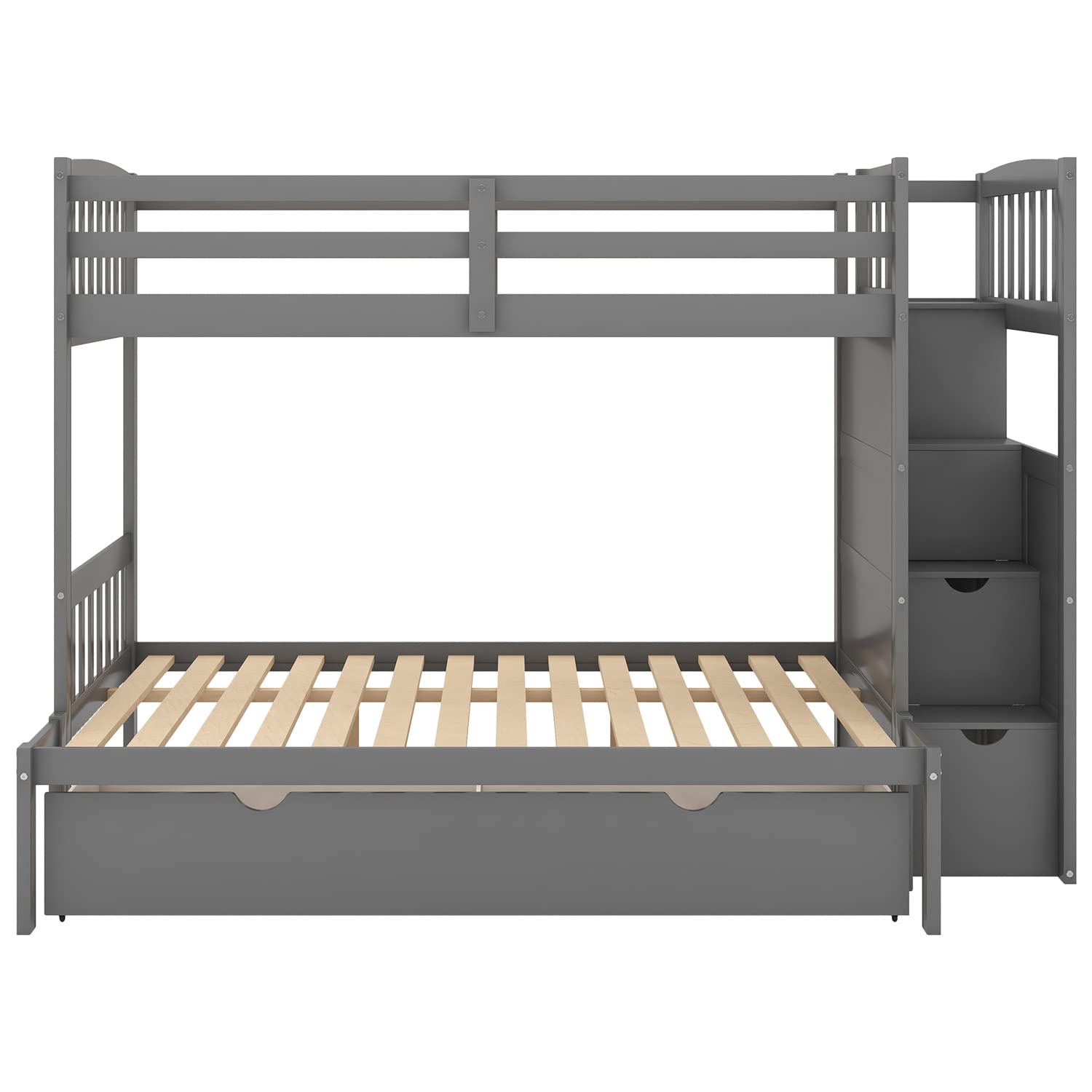 JINS&VICO Twin Over Twin/Full Bunk Bed with Convertible Bottom Bed, Storage Cabinet & 2 Drawers - Space-Saving Wooden Bunk Bed Frame with Staircase in Gray - Perfect for Kids' Bedrooms, Guest Rooms & Small Spaces