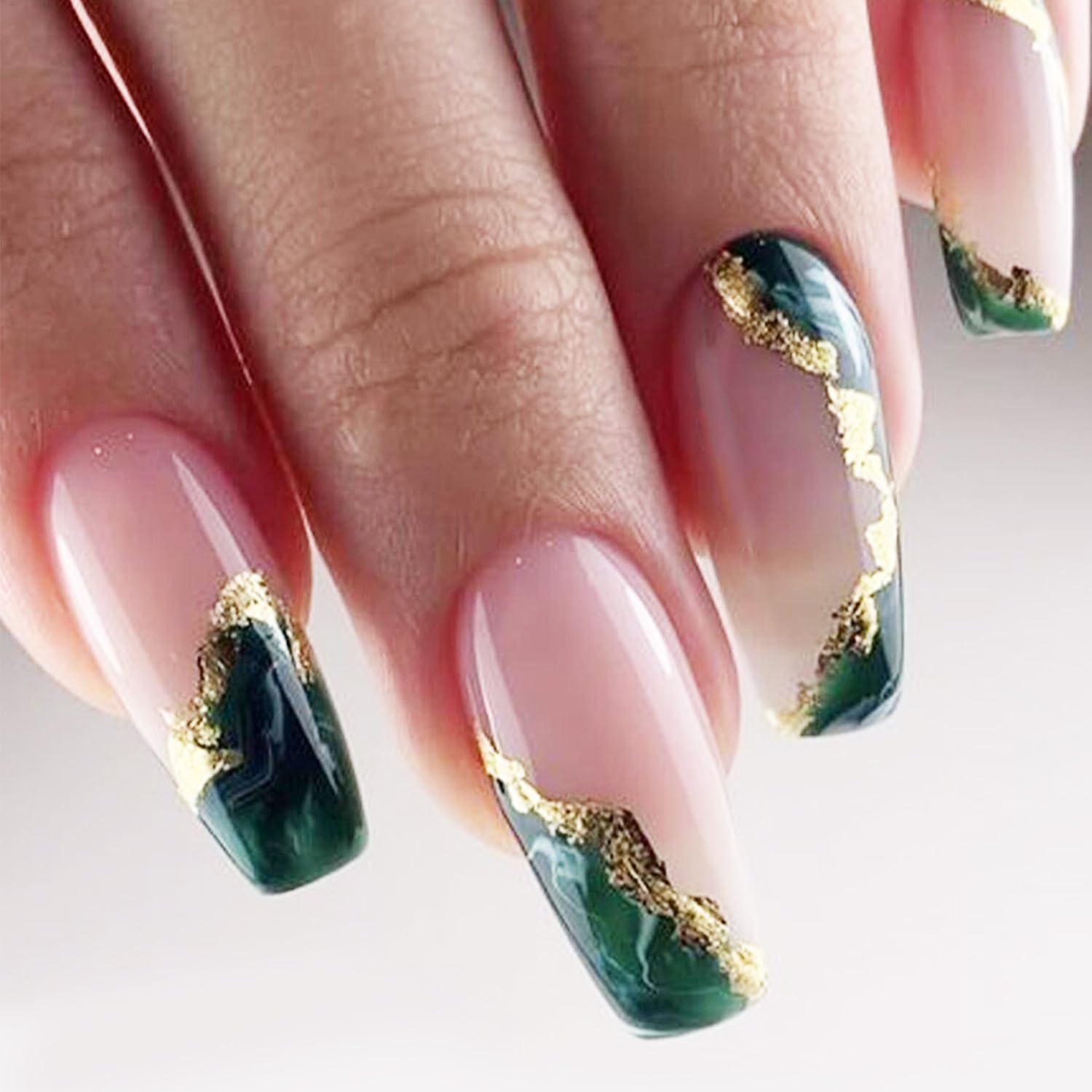 Dark Green Press On Nails - Medium Marble False Nails with Glitter & Gold Foil Designs, Coffin Shape, Reusable Acrylic Full Cover Artificial Nails with Glue (24pcs) - Perfect for Parties, Weddings, and Everyday Glam