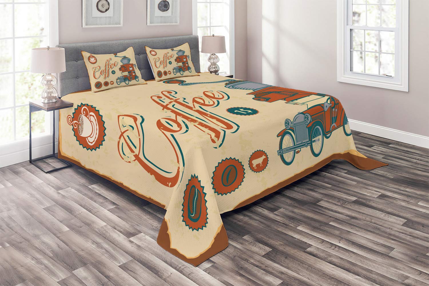 Ambesonne Vintage Truck & Coffee Grinder 3-Piece Quilted Bedspread Set - King Size Cream Orange Grey Retro Bedding | Perfect for Farmhouse, Rustic or Industrial Style Bedrooms