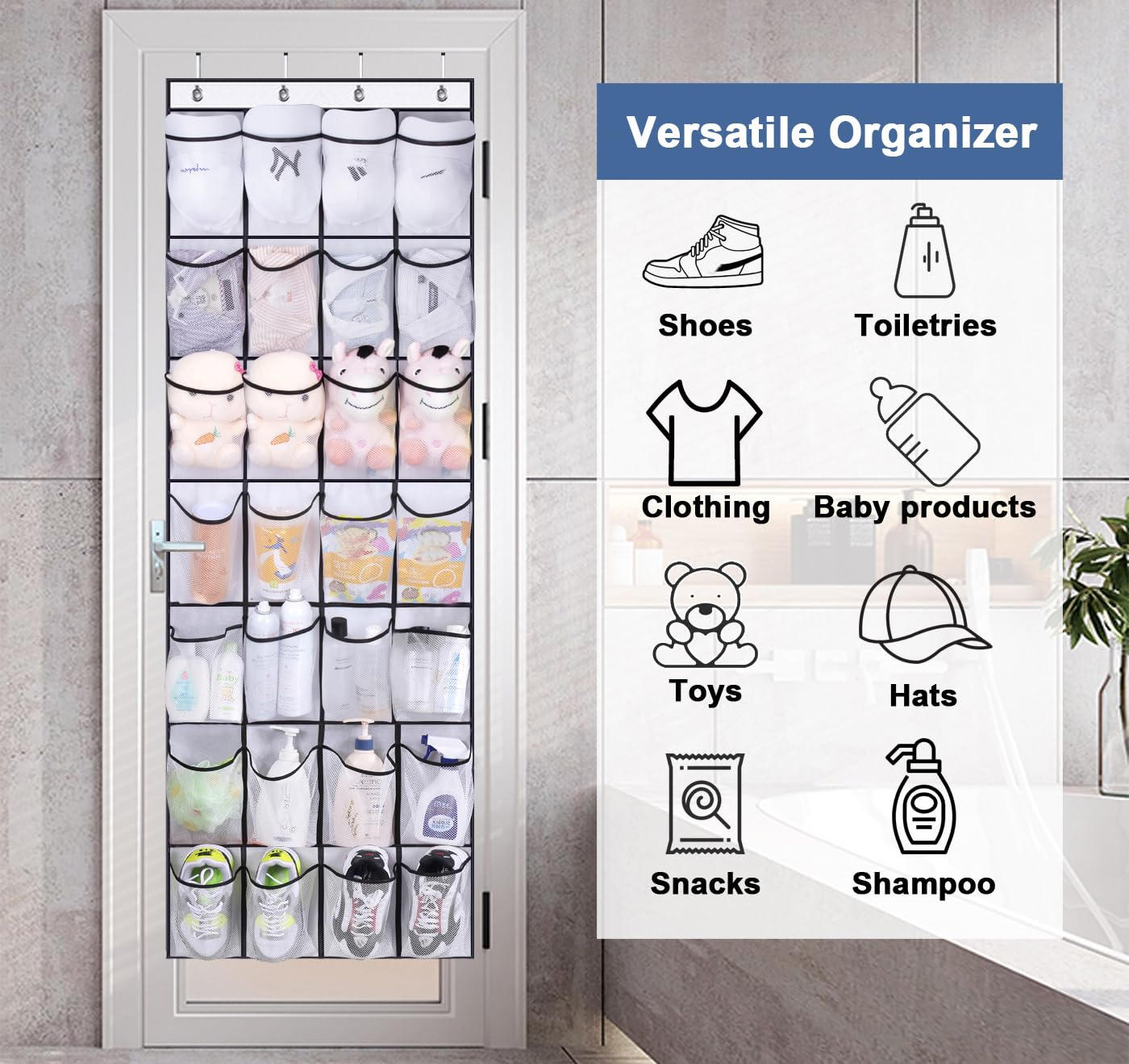 MISSLO 28 Large Pockets Over The Door Shoe Organizer - Hanging Mesh Shoe Rack for Closet Door Storage, Space Saving Shoe Holder (White) - Perfect for Bedrooms, Dorm Rooms & Entryway Organization