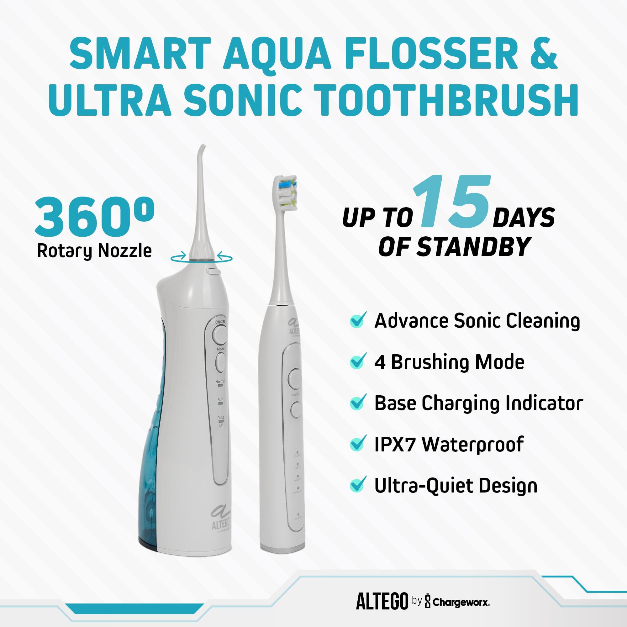 Altego Rechargeable Sonic Toothbrush and Water Flosser Combo – Electric Toothbrush & Cordless Oral Irrigator for Deep Cleaning, Gum Health, and Fresh Breath – Teeth Whitening Kit with 4 Replacement Brush Heads – Perfect for Travel and Home Dental Care