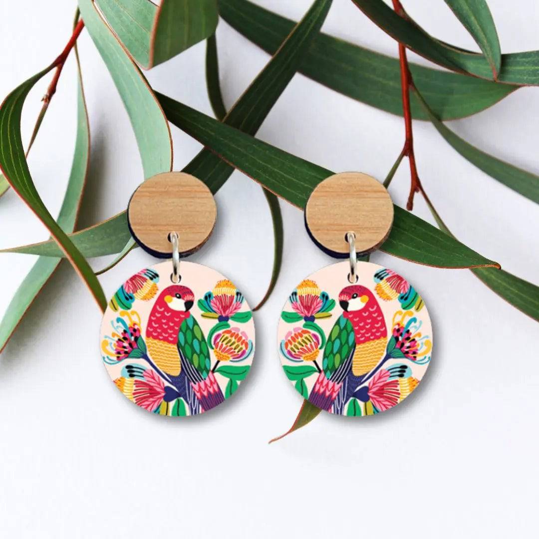 Handmade Australian Rosella Birds Wooden Earrings - Unique Boho Dangle Earrings for Women - Perfect for Casual Wear, Parties & Gifts