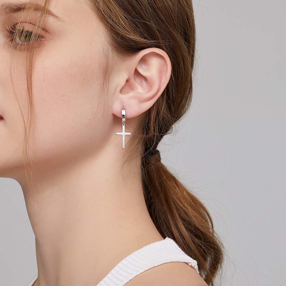 18K White Gold Plated Cross Earrings for Women | 925 Sterling Silver Dangle Earrings | Simple Cross Hoop Earrings for Men & Women | Silver/Rose Gold/Gold | Religious Jewelry for Church, Weddings & Everyday Wear