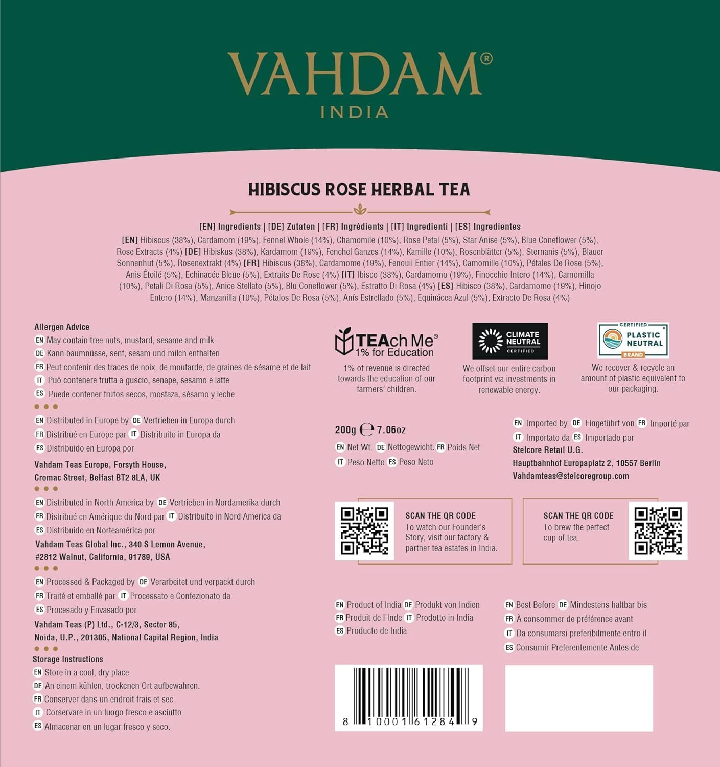 VAHDAM Hibiscus Rose Herbal Tea Bags - 100% Natural Whole Hibiscus Flowers with Rose Petals, Chamomile & Exotic Spices (100 Count) | Caffeine-Free Floral Infusion | Resealable Ziplock Pouch | Perfect for Relaxation, Detox & Afternoon Tea Time
