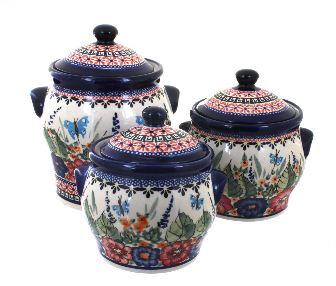 Blue Rose Polish Pottery Floral Butterfly Canister Set - Hand-Painted Ceramic Storage Jars for Kitchen, Pantry & Home Decor - Perfect for Tea, Coffee, Sugar & Dry Food Storage