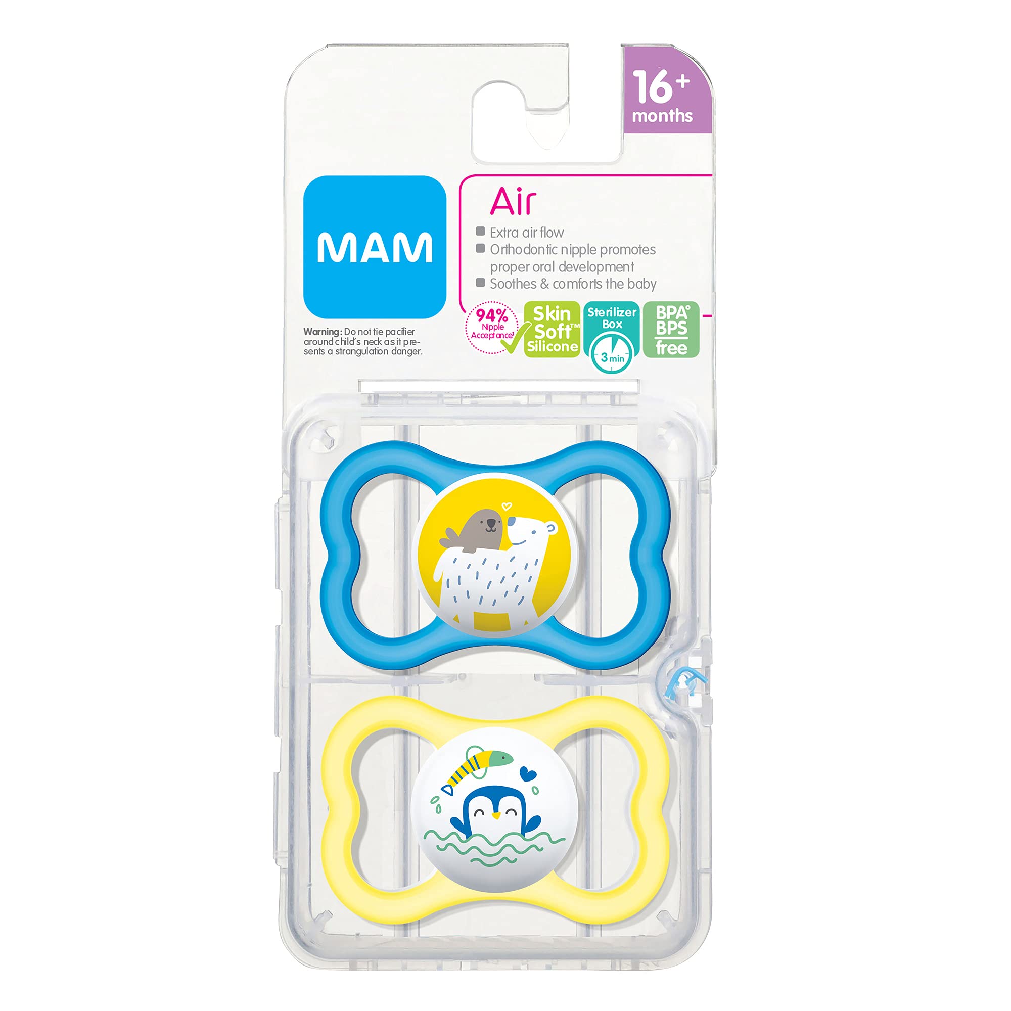 MAM Air Baby Pacifier for Sensitive Skin - BPA Free, 2-Pack with Sterilizer Case - Orthodontic Nipple for 16+ Months Boys - Perfect for Daycare, Travel & Soothing Fussy Babies