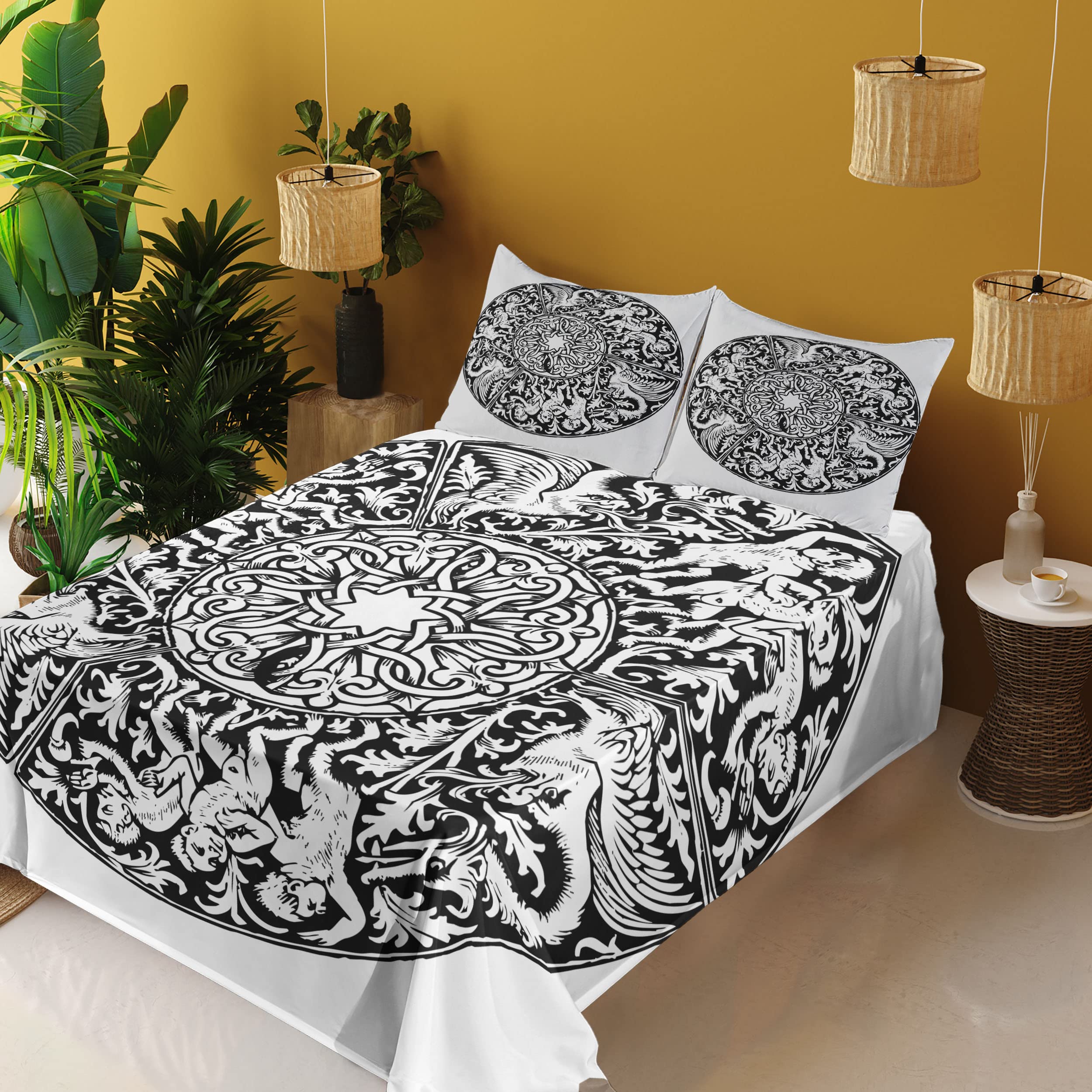 Gothic Bedding Set 4-Piece King Size - Renaissance Victorian Medieval Art Design, Black & White Fitted & Flat Sheets with Pillowcases | Perfect for Gothic Home Decor, Themed Bedrooms & Historical Reenactments