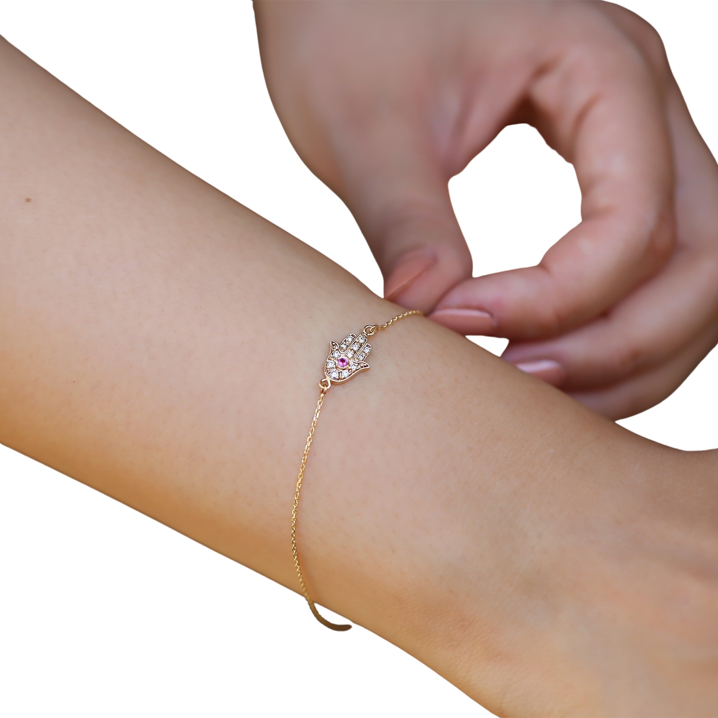 14K Gold Dainty Diamond Hamsa Bracelet - July Birthstone Ruby Charm - Spiritual Protection Jewelry - Perfect Gift for Women, Mom, Wife - Ideal for Everyday Wear, Meditation & Special Occasions