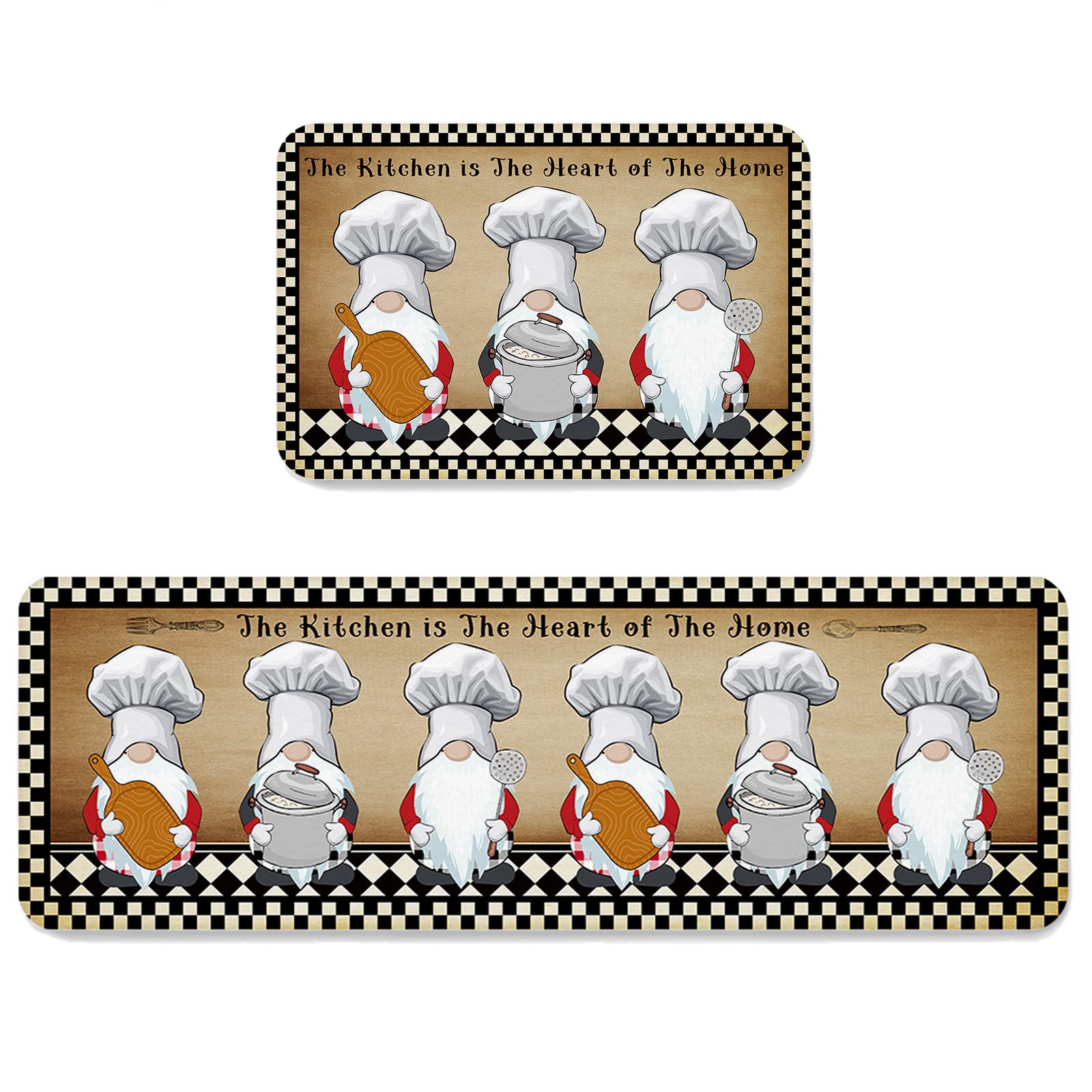 Vintage Brown Back Gnome Chef Kitchen Rug Set - 2 Piece Non-Slip Floor Mats for Kitchen, Soft Standing Doormat, Indoor Bath Rugs with Buffalo Plaid Design (Black & White) - Perfect for Farmhouse Decor, Cozy Cabin Kitchen & Holiday Home Accents