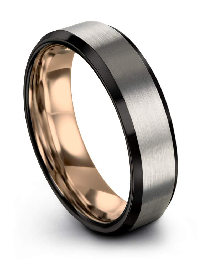 Midnight Rose Collection 6mm Tungsten Wedding Band Ring for Men & Women - 18k Rose Gold & Yellow Gold Plated, Bevel Edge, Black & Grey Brushed Polished Finish - Perfect for Anniversaries, Engagements & Everyday Wear