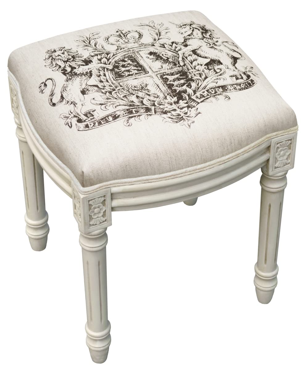 Royal Crest Upholstered Wooden Vanity Stool - Antique White Makeup Chair with Carved Details | Perfect for Dressing Table, Bedroom Decor & Vintage Style Home Furnishing