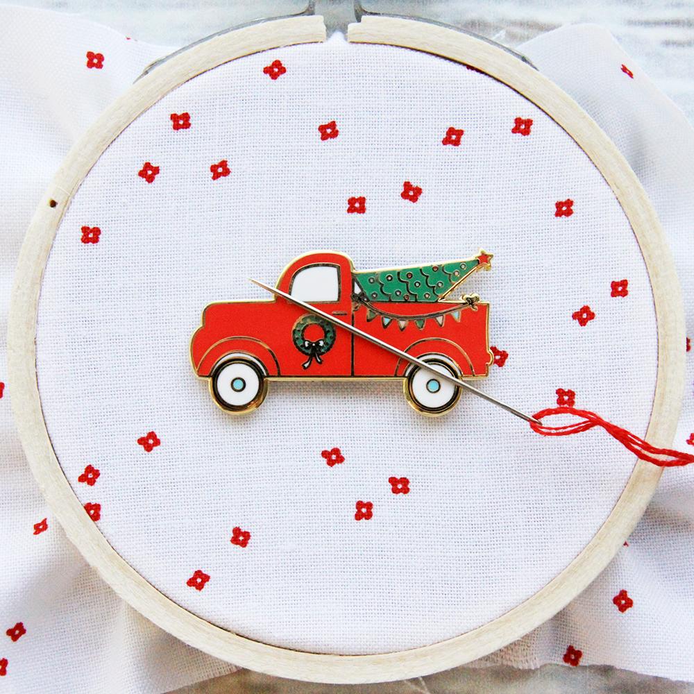 Flamingo Toes Red Christmas Truck Needle Minder - Magnetic Pin Cushion for Sewing, Quilting & Embroidery - Perfect Holiday Craft Accessory