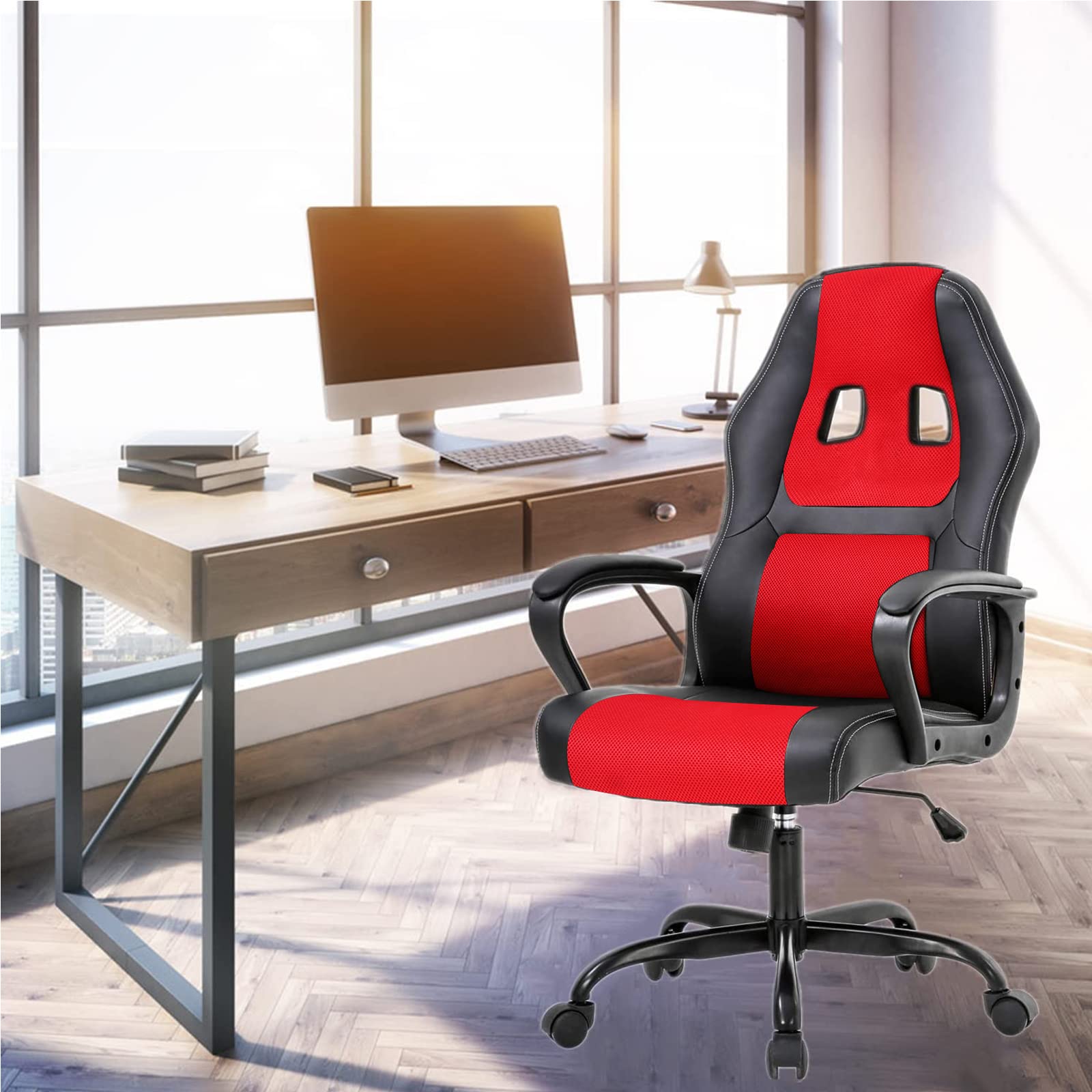 Ergonomic Gaming Chair with Lumbar Support & Headrest - Adjustable Reclining Office Computer Chair for Adults & Teens - High Back Racing Style Swivel Task Chair with Armrests - Perfect for Home Office, Gaming Setup & Workstation (Red)