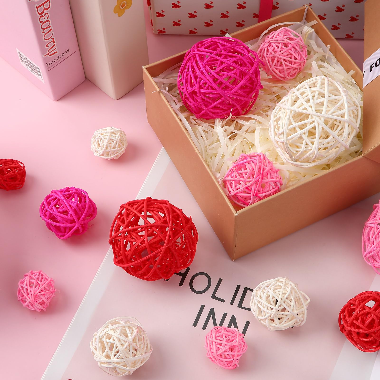SANNIX 40 Pack Valentine's Day Decorations - 3 Sizes Rattan Wicker Balls for Home Decor, Party Ornaments, Baby Shower, Table Centerpieces, Vase Fillers (Red, Pink, White) - Perfect for Wedding, Christmas, and Seasonal Home Styling
