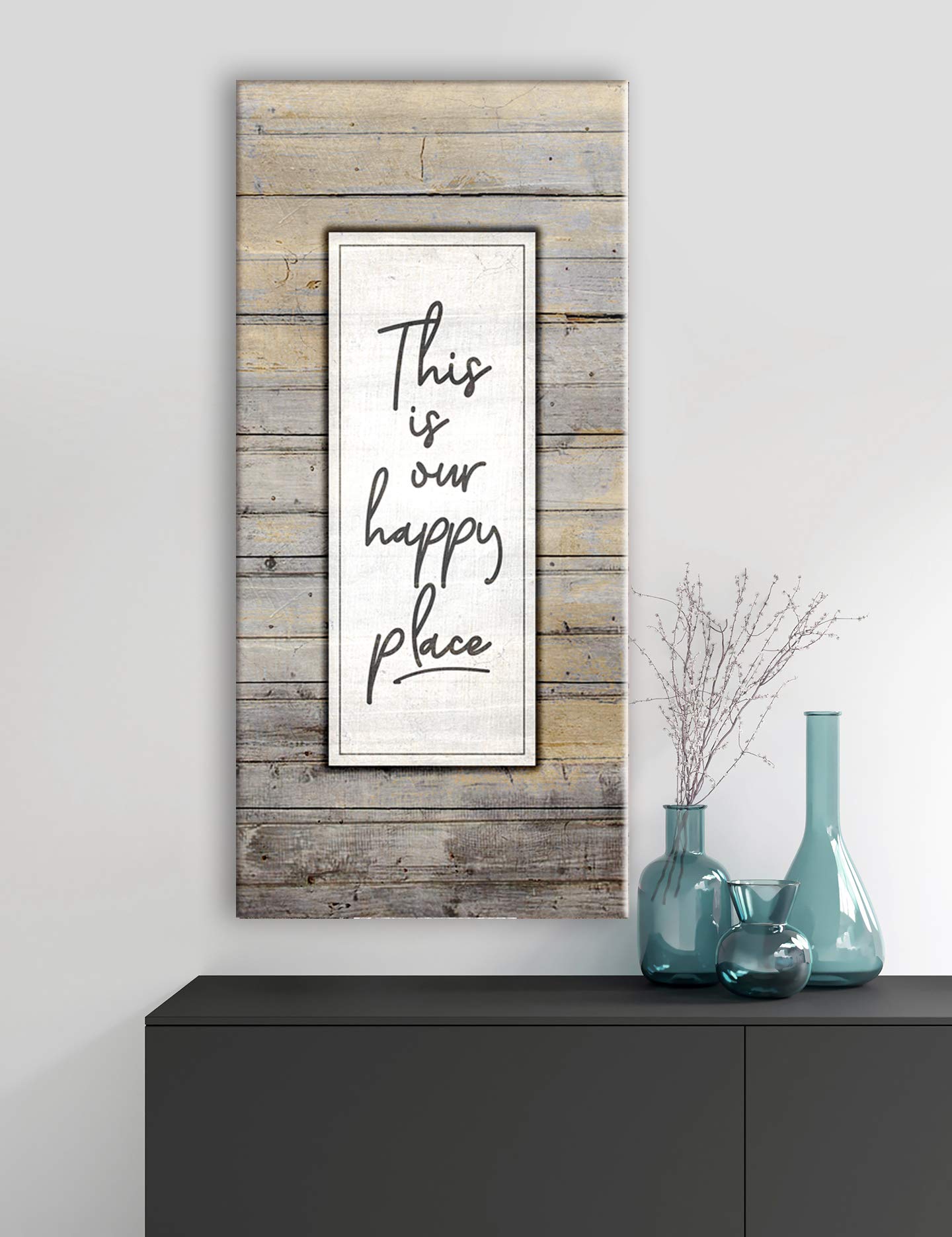Happy Place V16 Wooden Framed Canvas Wall Art - Ready to Hang Home Decor in Cream Grey | Perfect for Living Room, Bedroom & Office Decorations