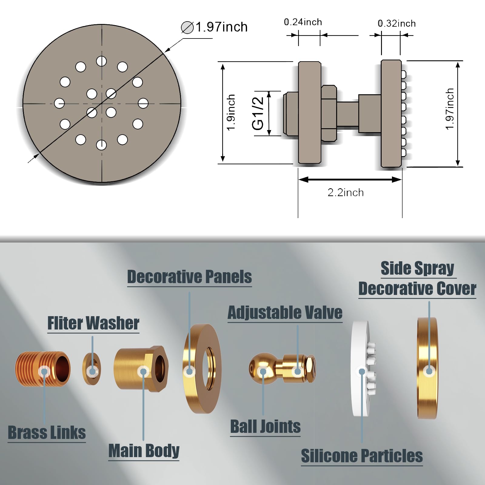 Adjustable Round Shower Head with On/Off Switch - Wall Mount Body Spray Jets with 360° Rotation & Flow Control in Gold Finish - Perfect for Spa-Like Bathroom Experience and Relaxing Shower Sessions