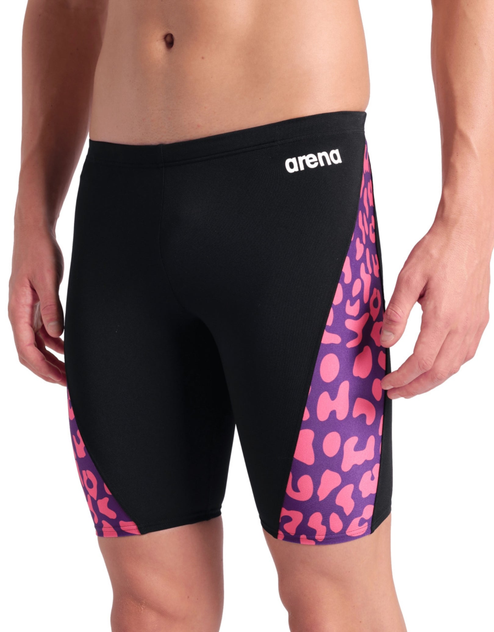 Leopard Print Swim Jammer for Men - Black & Fuchsia Multi Color Competitive Swimwear for Lap Swimming and Water Sports