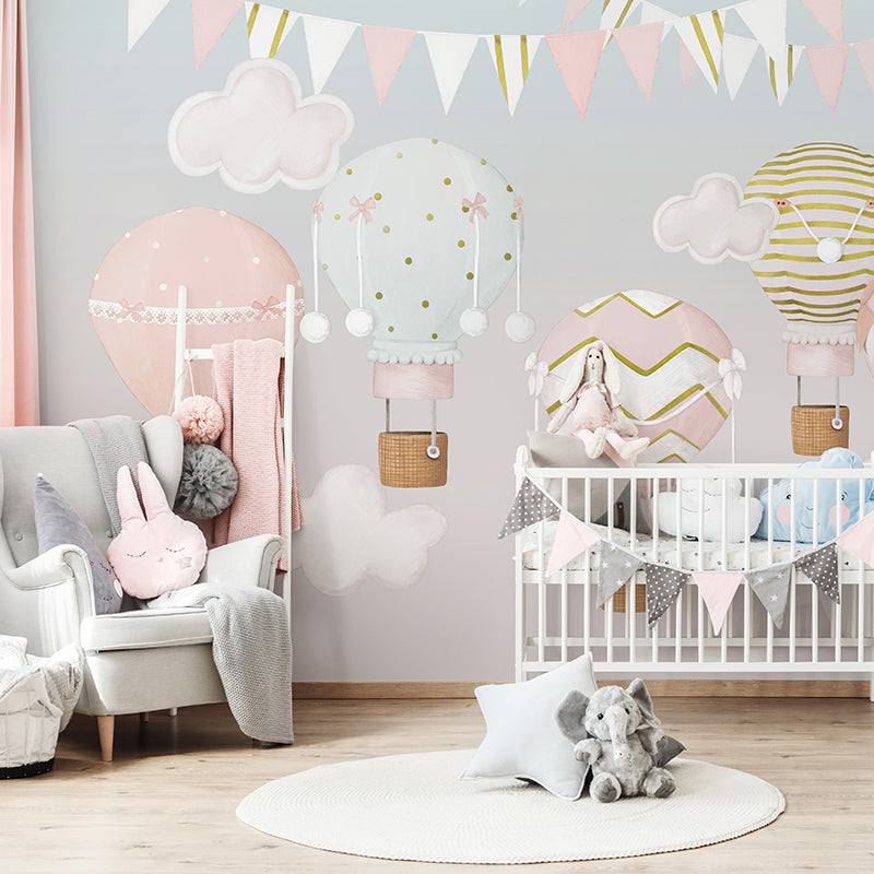 Pinkish Sky with Hot Air Balloons Nursery Wallpaper - Soft Pastel Baby Room Decor for Girls & Boys - Perfect for Nursery, Bedroom, Playroom & Kids' Room