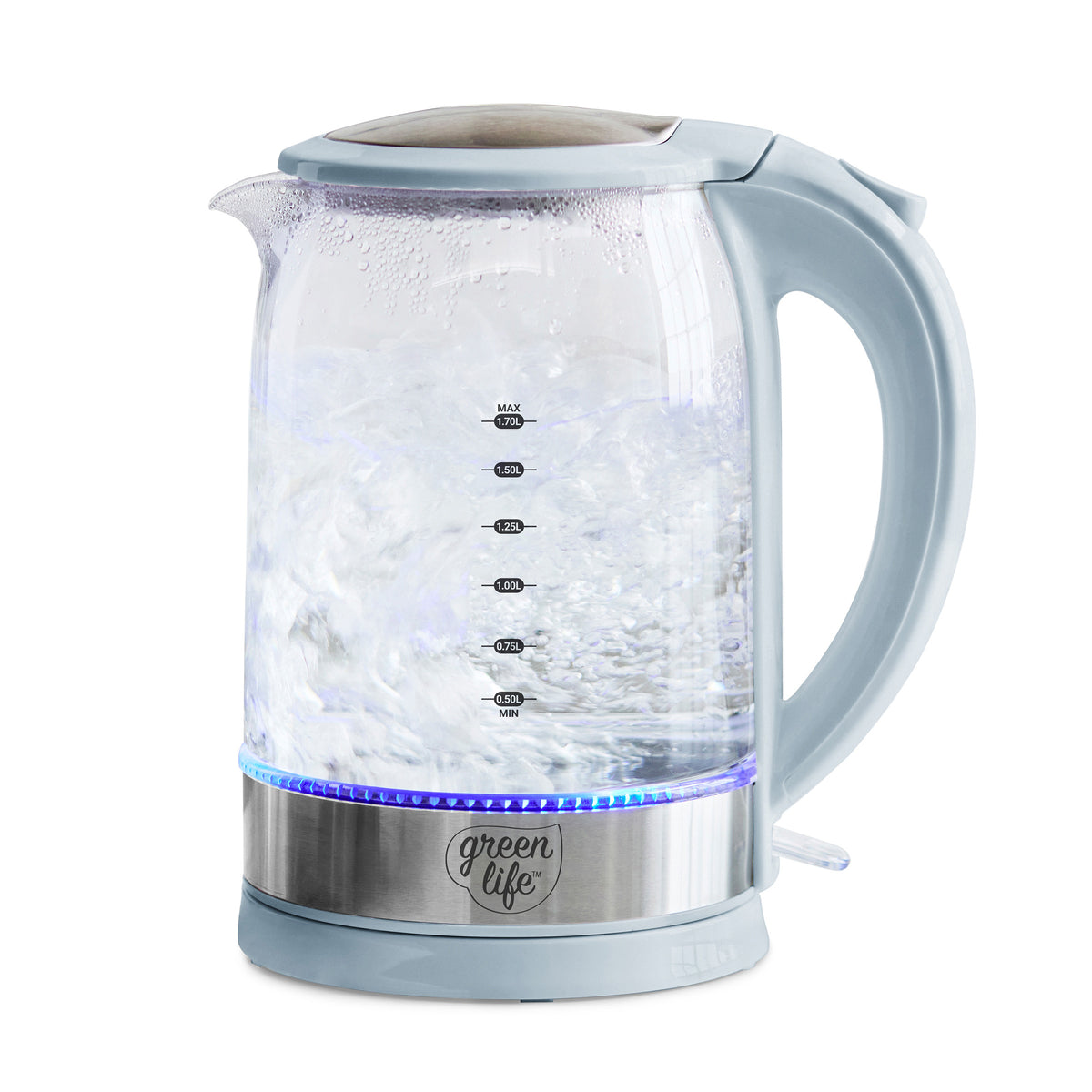 GreenLife Qwik & EZ Glass Kettle - 1.7L Fast Boiling Electric Water Kettle with LED Light & Auto Shut-Off | Blue Haze | Perfect for Tea, Coffee & Office Use