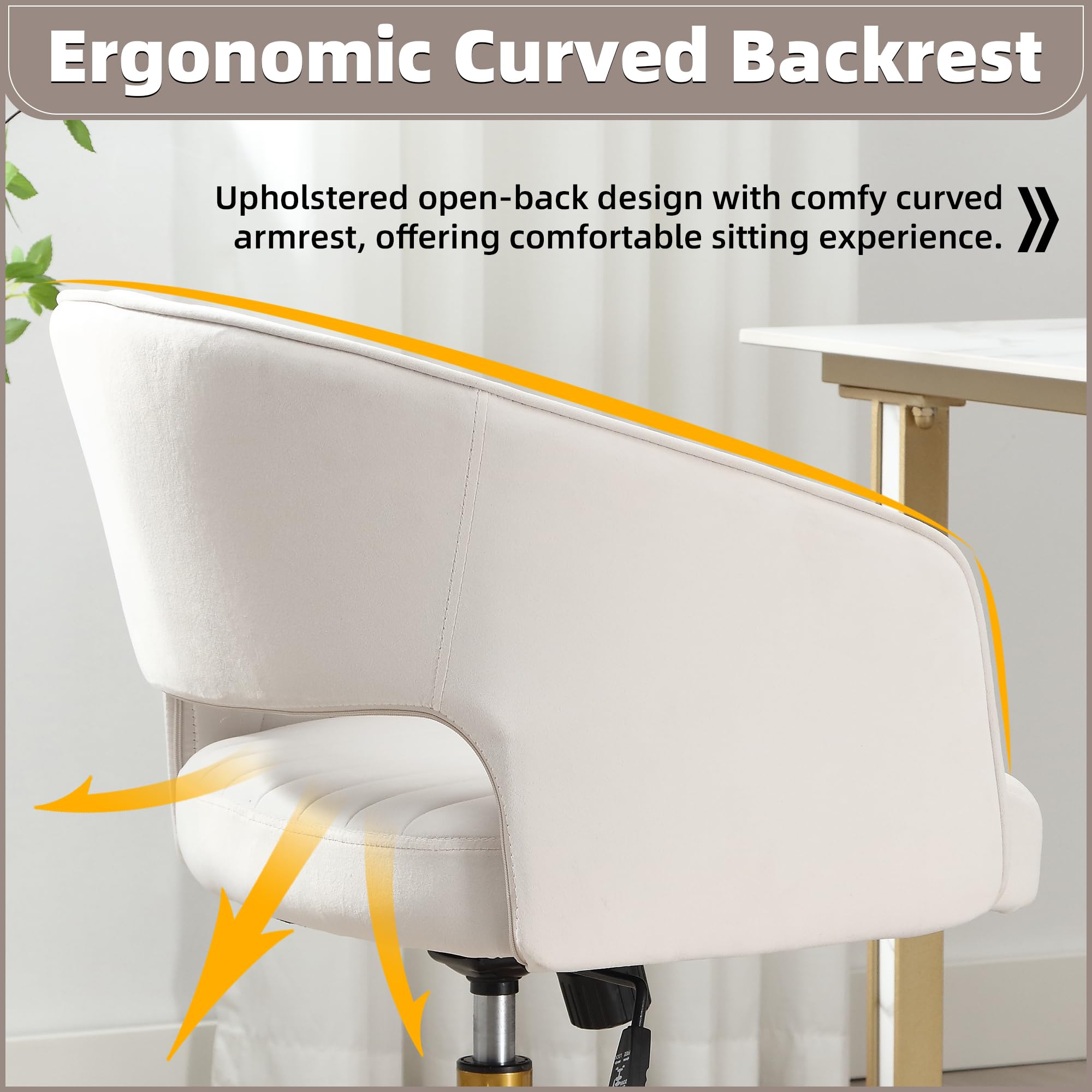 ABET Velvet Swivel Office Chair with Wheels & Adjustable Back - Modern Upholstered Desk Chair with Gold Base for Home, Living Room, Bedroom & Vanity - Cream White | Ergonomic Comfort for Work & Relaxation