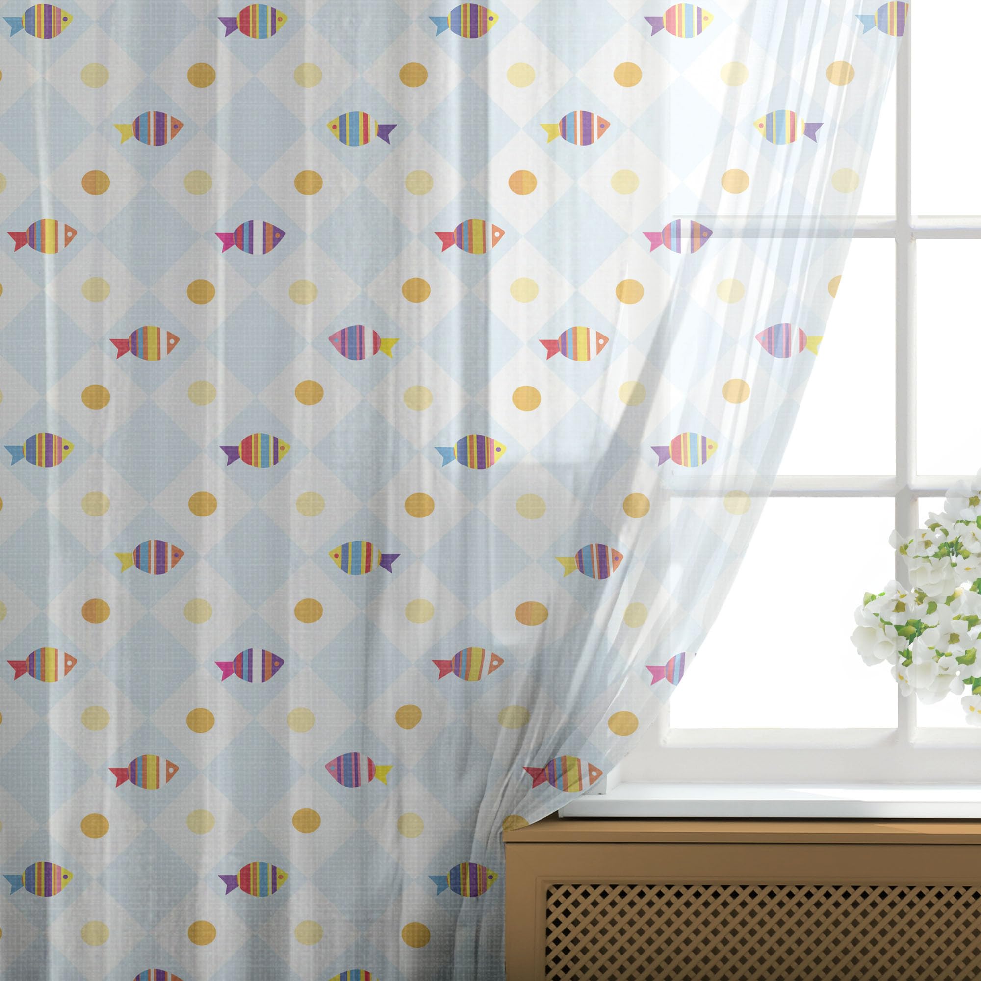 Ambesonne Fish Cartoon Tulle Curtains - Aquarium Themed Sheer Drapes with Geometric Print, Rod Pocket Design for Windows, 108