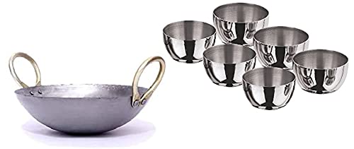 Will & Weaves Indian Handmade Cast Iron Kadai Wok - 1 Liter Traditional Cooking Pot with 6-Piece Stainless Steel Bowl Set (Katori, Serving & Dessert Bowls) - Perfect for Indian Cuisine, Meal Prep & Kitchen Serving