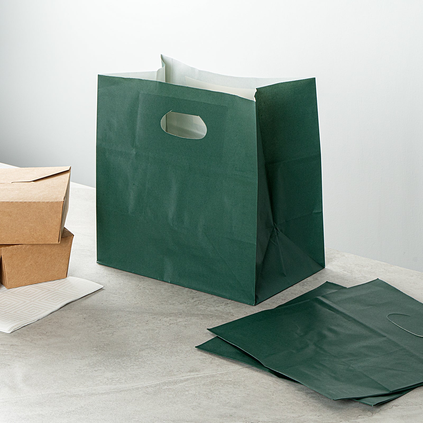 Eco-Friendly Rectangle Forest Green Paper Take Out Bags with Handles - 11