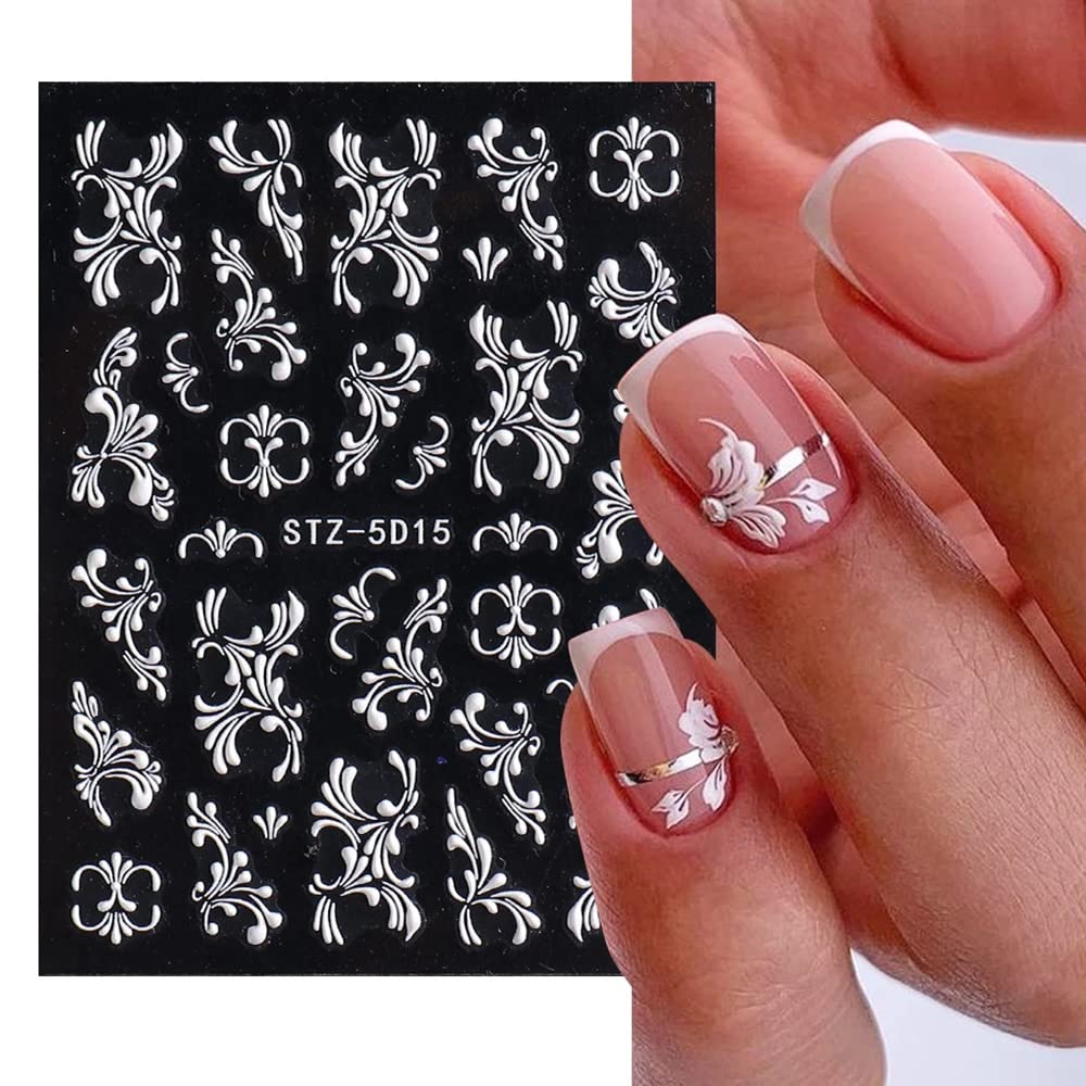 5D Flower Nail Art Stickers - 4 Sheets 3D Embossed Acrylic Nail Decals for Women, Self-Adhesive White Lace Floral Nail Designs for DIY Manicure | Perfect for Weddings, Parties & Everyday Nail Art Decoration