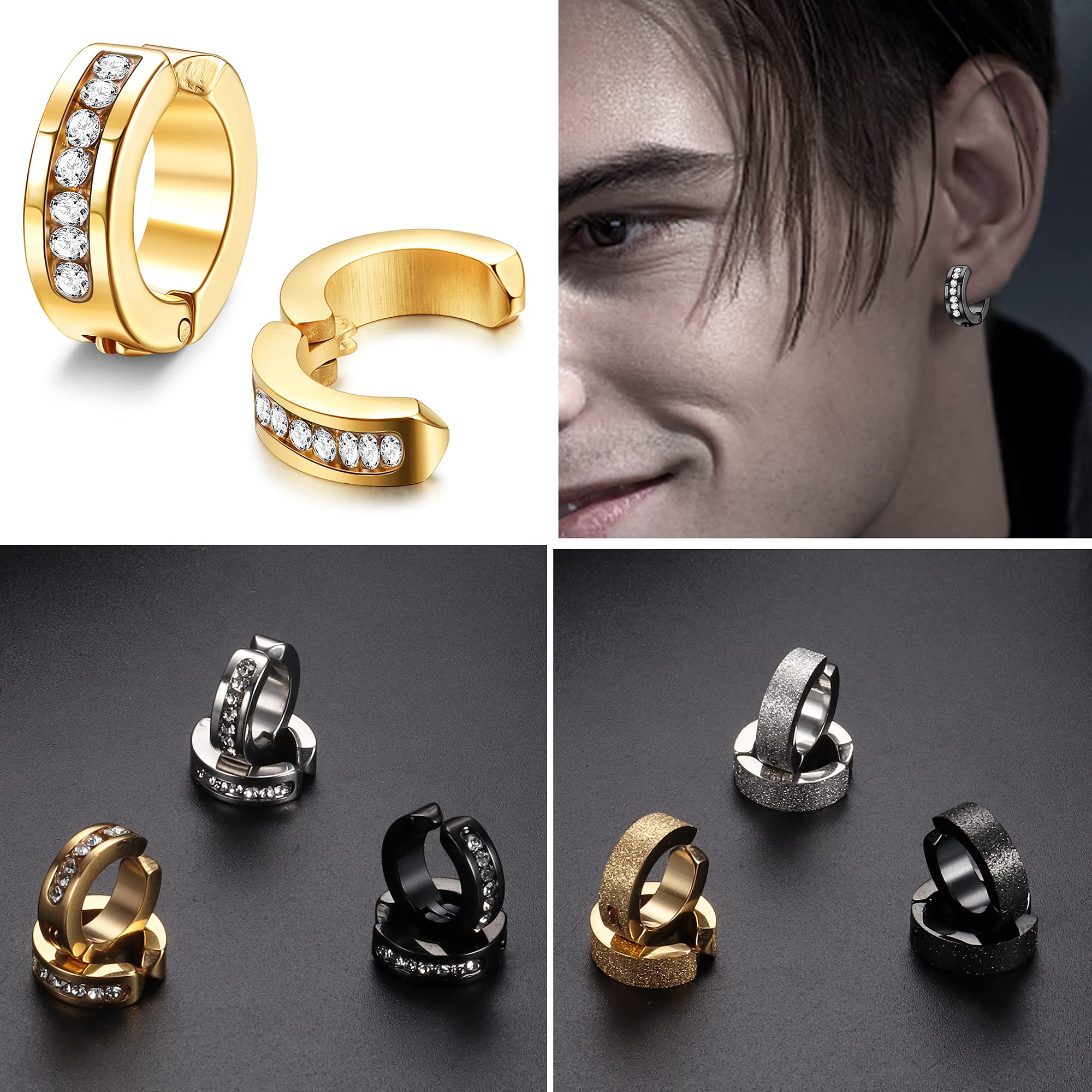 FIBO STEEL 9 Pairs Non-Piercing Clip On Earrings for Men & Women - Stainless Steel Hoop Earrings with CZ Stones | Hypoallergenic, Comfort Wear for Sensitive Ears | Perfect for Work, Parties & Special Occasions