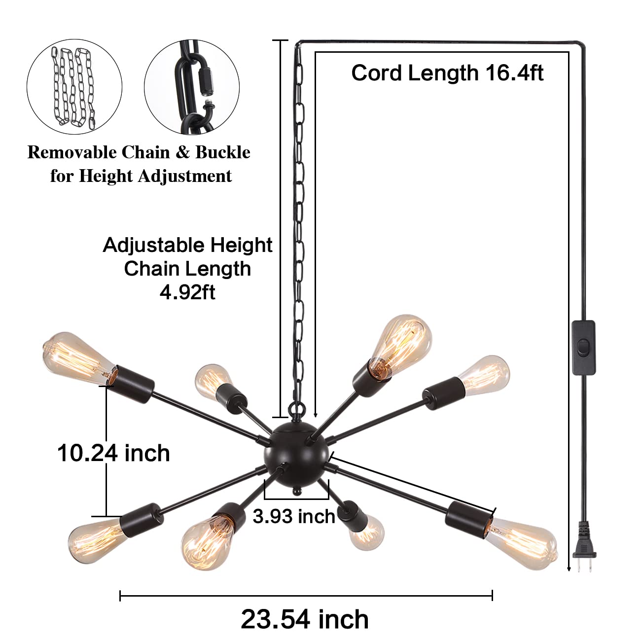 LASENCHOO 8-Light Plug-in Chandelier with 16.4ft Cord & On/Off Switch - Modern Black Sputnik Pendant Lighting for Dining Room, Living Room, Bedroom, Kitchen Island - Perfect for Home Decor, Apartment Lighting, and Interior Design