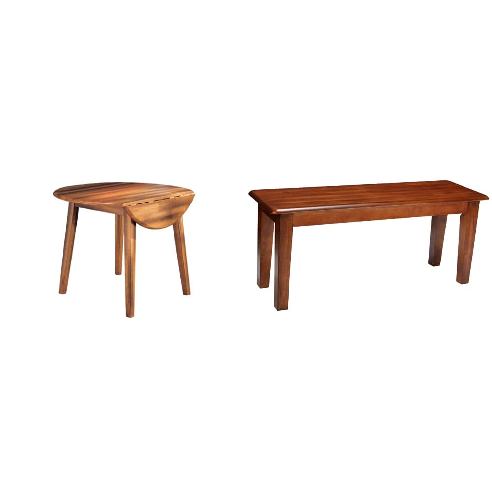 Signature Design by Ashley Berringer Round Drop Leaf Dining Table & 17.5 Inch Rustic Traditional Dining Bench Set - Rustic Brown - Perfect for Small Spaces & Farmhouse Style Dining Rooms