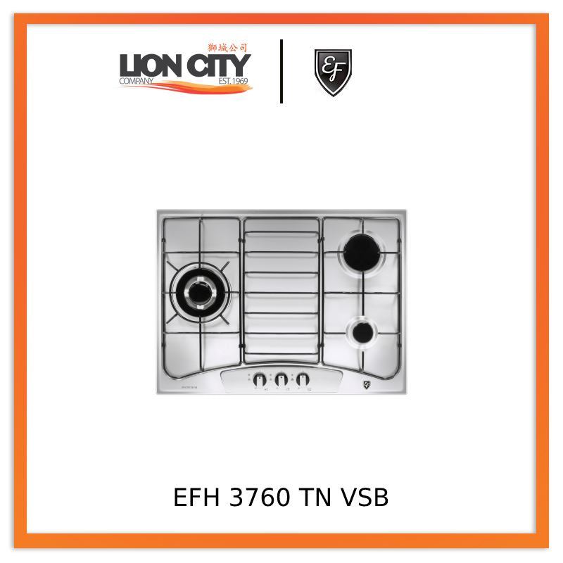 EF EFH3760 68cm 3 Burner Gas Hob - Stainless Steel Cooktop with Safety Features for Home Kitchen (EFH 3760 TN VSB) | Perfect for Apartment Cooking, Outdoor BBQ & Camping
