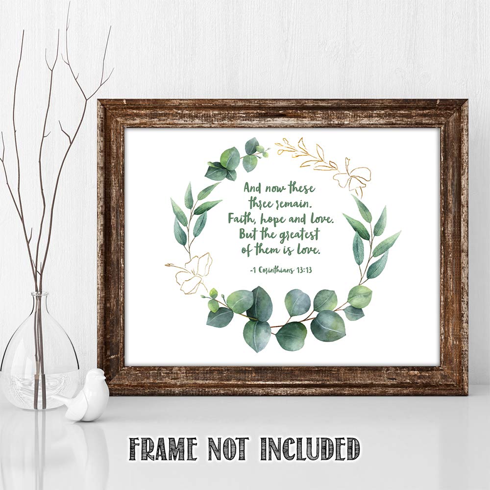 TJ Originals - 1 Corinthians 13:13 Bible Verse Wall Art - Faith Hope & Love Christian Scripture Print - 11x14 Inspirational Home Decor - Perfect Gift for Family, Friends & Women (Wreath Portrait) - Ideal for Living Room, Bedroom & Church Decor