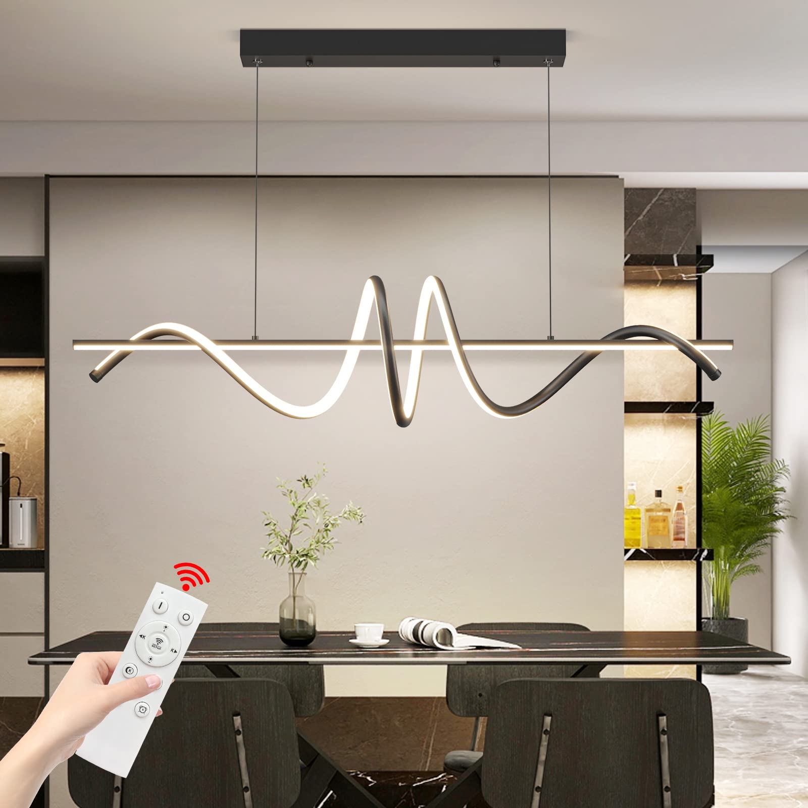 Modern LED Chandelier for Dining Room - Dimmable 3000K-6500K, Remote Control Black Spiral Pendant Light, 50W Adjustable Height Hanging Light for Kitchen Island, Restaurant & Home Decor - Perfect for Dining Areas, Living Rooms and Commercial Spaces
