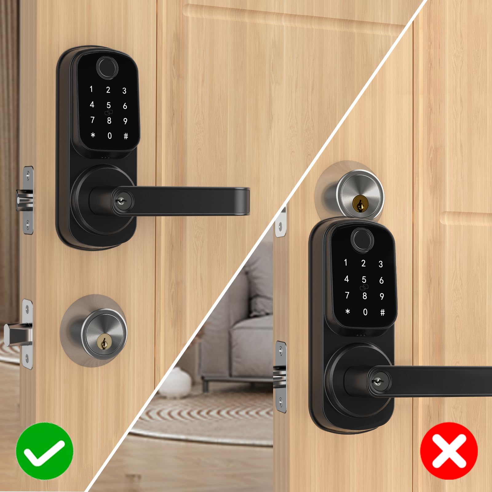 IRONZON Smart Keyless Entry Door Lock with Handle - 5-in-1 Keypad Deadbolt for Front Door (Fingerprint, Password, Key, APP Control) - Perfect for Home Security & Vacation Rentals