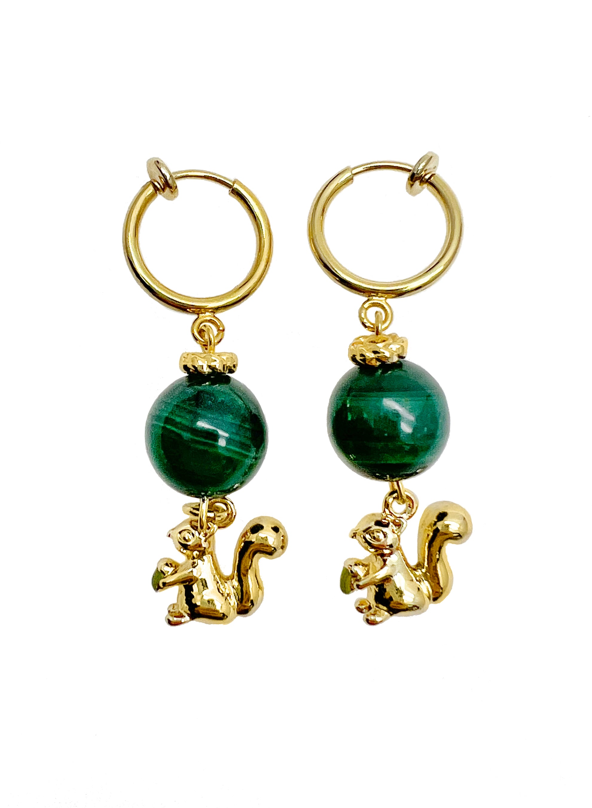 Malachite Gemstone Squirrel Clip-On Earrings JE035 - Elegant Green Stone Jewelry for Women, Perfect for Parties & Special Occasions