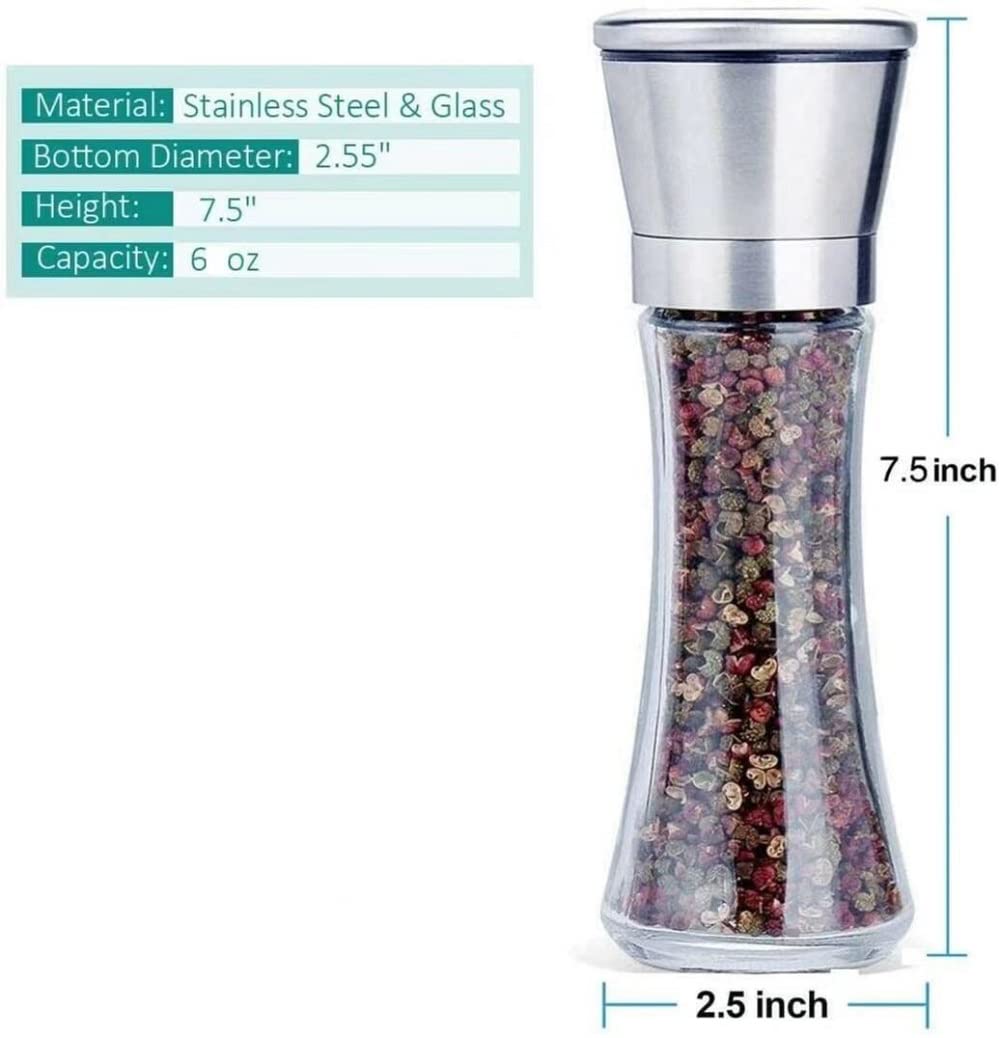 Premium 6OZ Stainless Steel Salt and Pepper Grinder Set - Adjustable Coarseness & Refillable Spice Mill with Sharp Ceramic Blades - Professional Chef Kitchen Tools with Free Wooden Spoon - Perfect for Cooking, Baking & Tabletop Seasoning