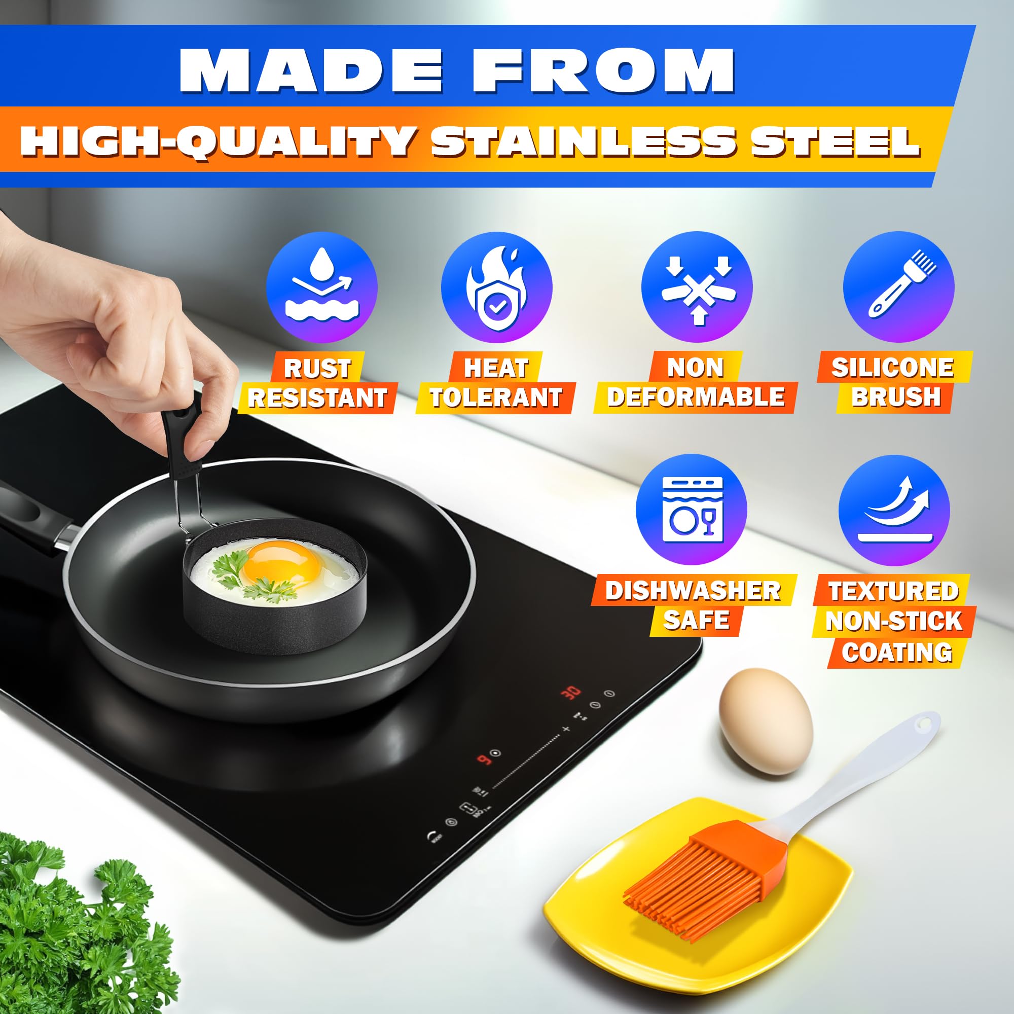 4Pcs Stainless Steel Nonstick Egg Ring Mold Set - Perfect for Round Eggs, Omelets & Mini Pancakes - Ideal for Breakfast, Brunch & Cooking on Griddle or Stovetop