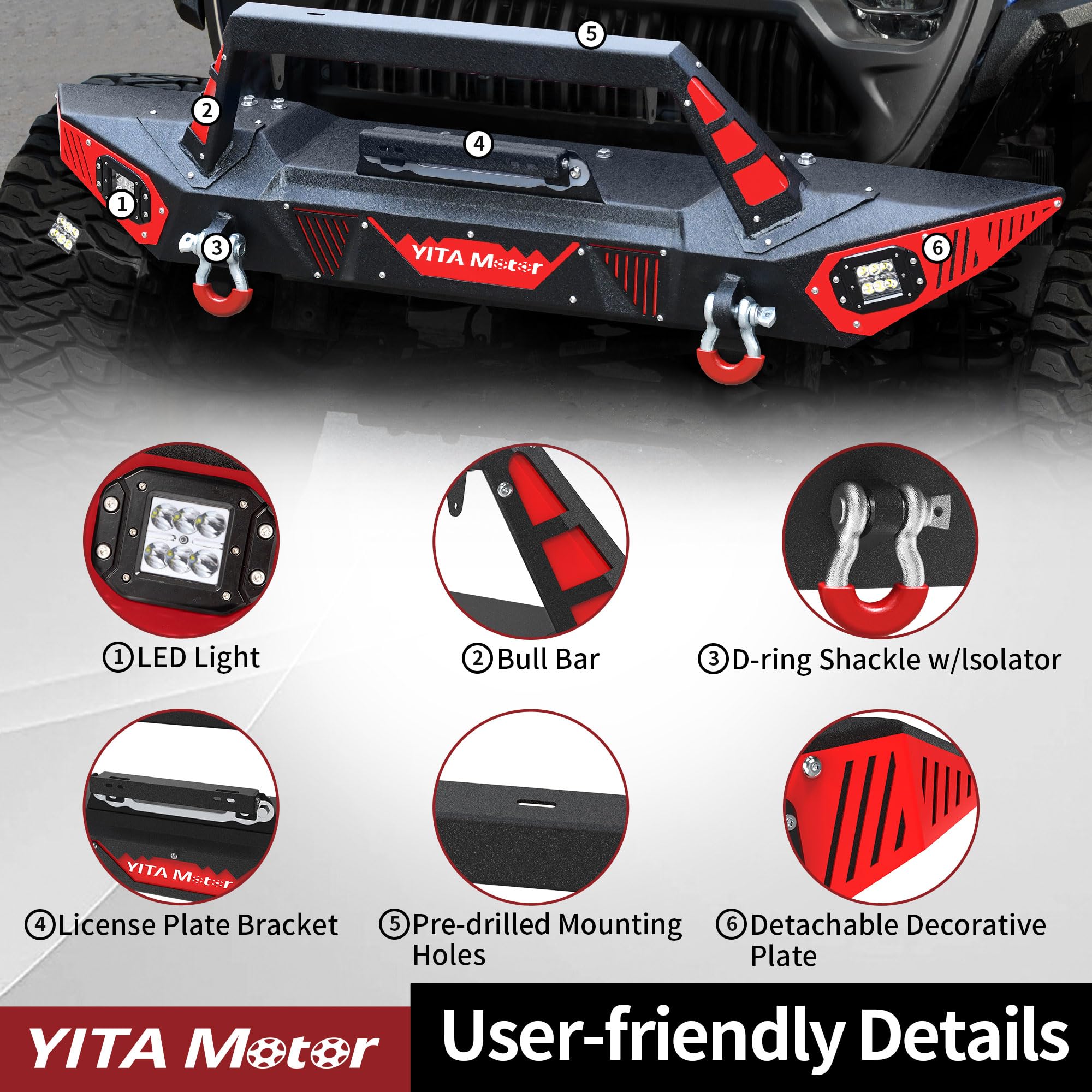 YITAMOTOR Front Bumper for 2018-2025 Jeep Wrangler JL & Unlimited, 2020-2025 Jeep Gladiator JT - Heavy Duty Winch-Ready Bumper with LED Light Mounts, D-Rings & License Plate Bracket | Perfect for Off-Roading, Overlanding & Jeep Modifications