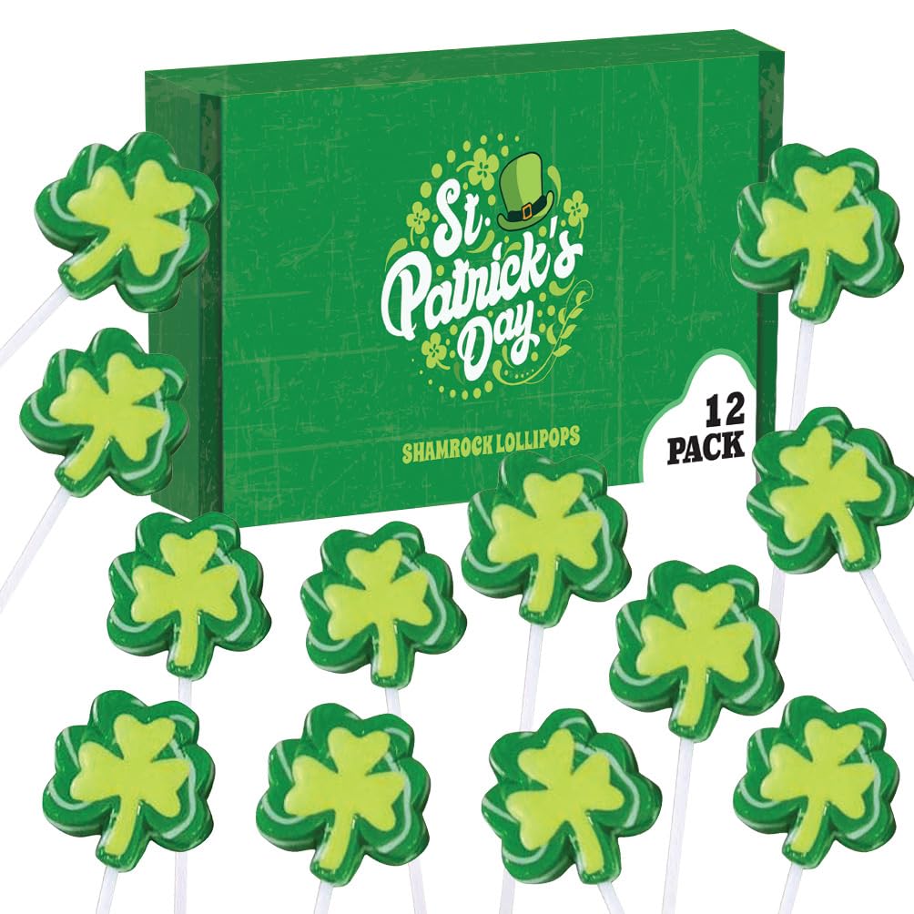 12 Shamrock Lollipops - St. Patrick's Day Green Candy & Party Favors - Irish Themed Treats for Festive Celebrations, Office Gifts & School Events