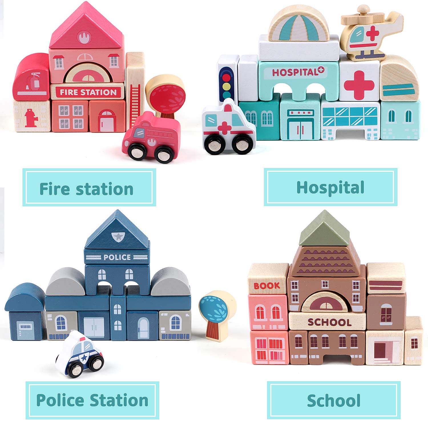 Lewo 115pcs Wooden Building Blocks - Educational STEM Toys for Kids 3-6 Years | Creative City Map Playset for Preschool Learning