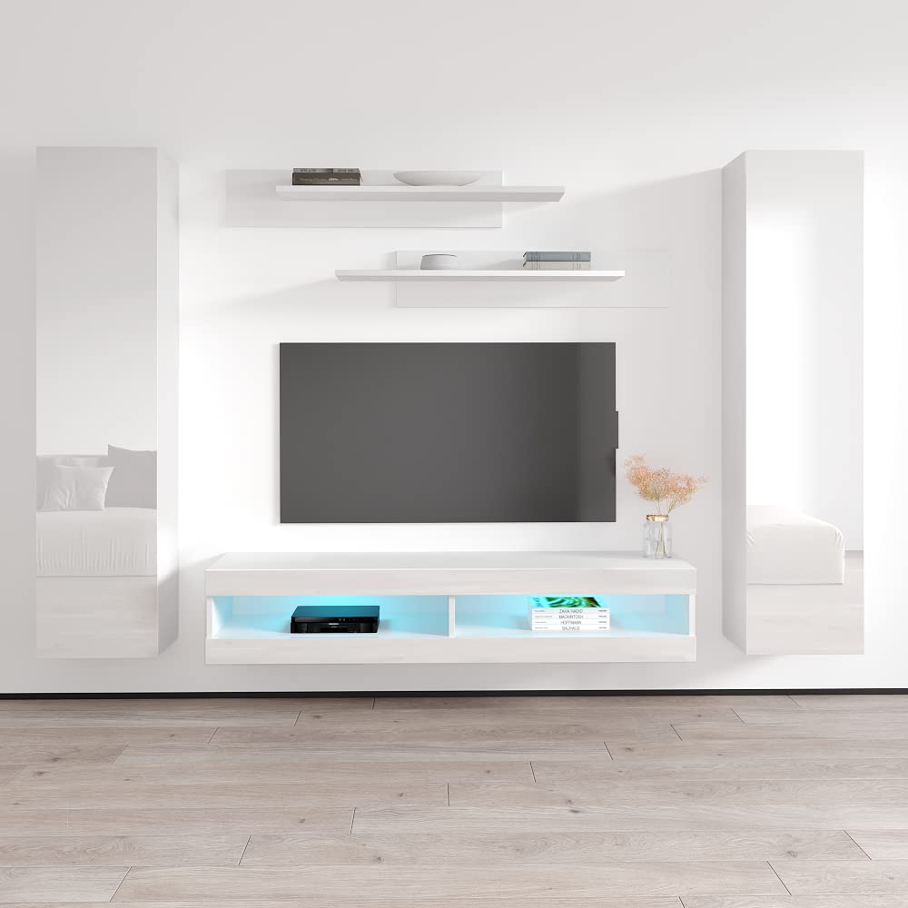 Modern Floating TV Stand with Storage & LED Lights - Wall-Mounted Entertainment Center Console for Bedroom & Living Room - White TV Cabinet with Shelves for Home Theater Setup - Perfect for Small Spaces & Apartment Living