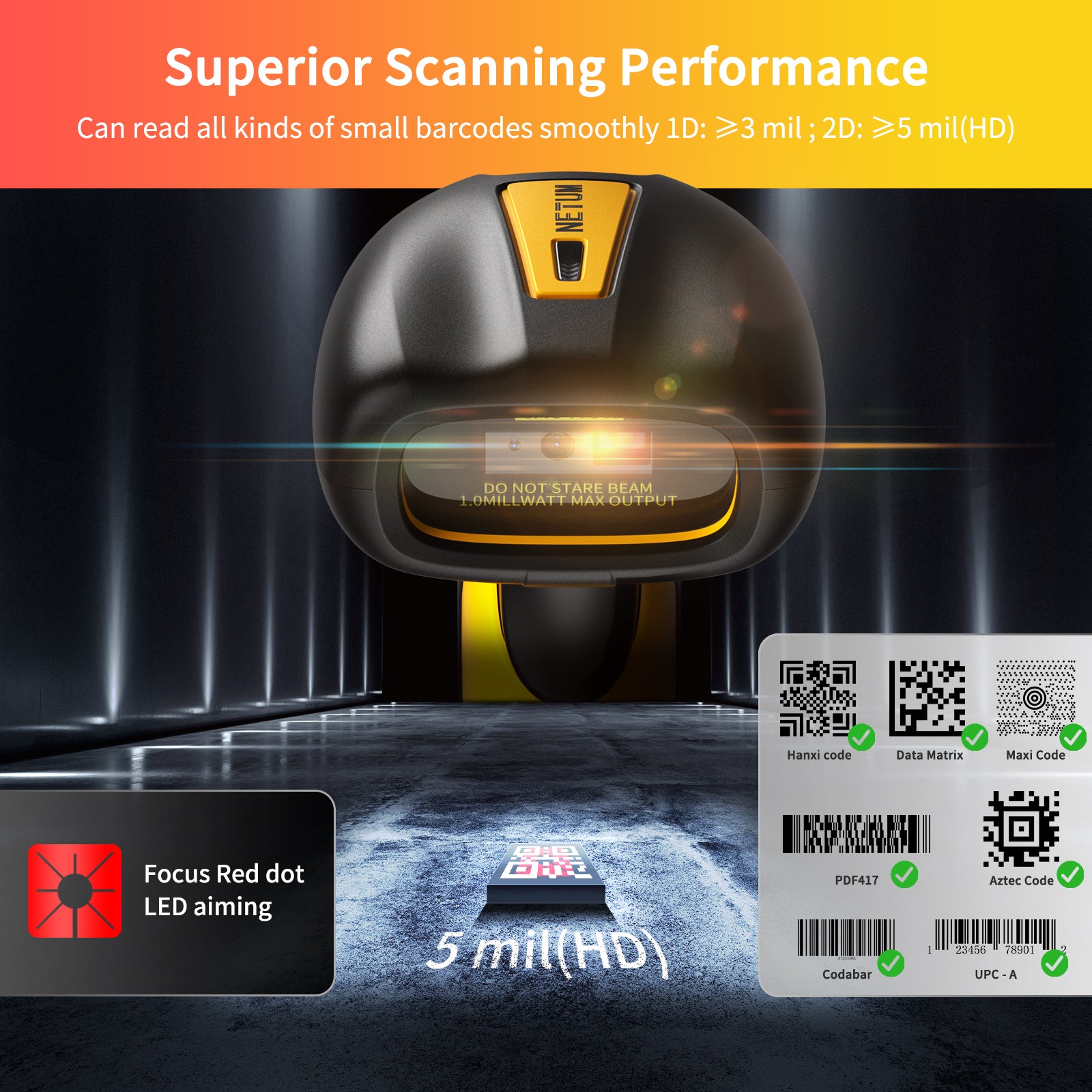NT 1202W Wireless 2D Barcode Scanner - Industrial Grade Hands-Free Bluetooth Barcode Reader for Warehouse, Retail & Logistics Inventory Management