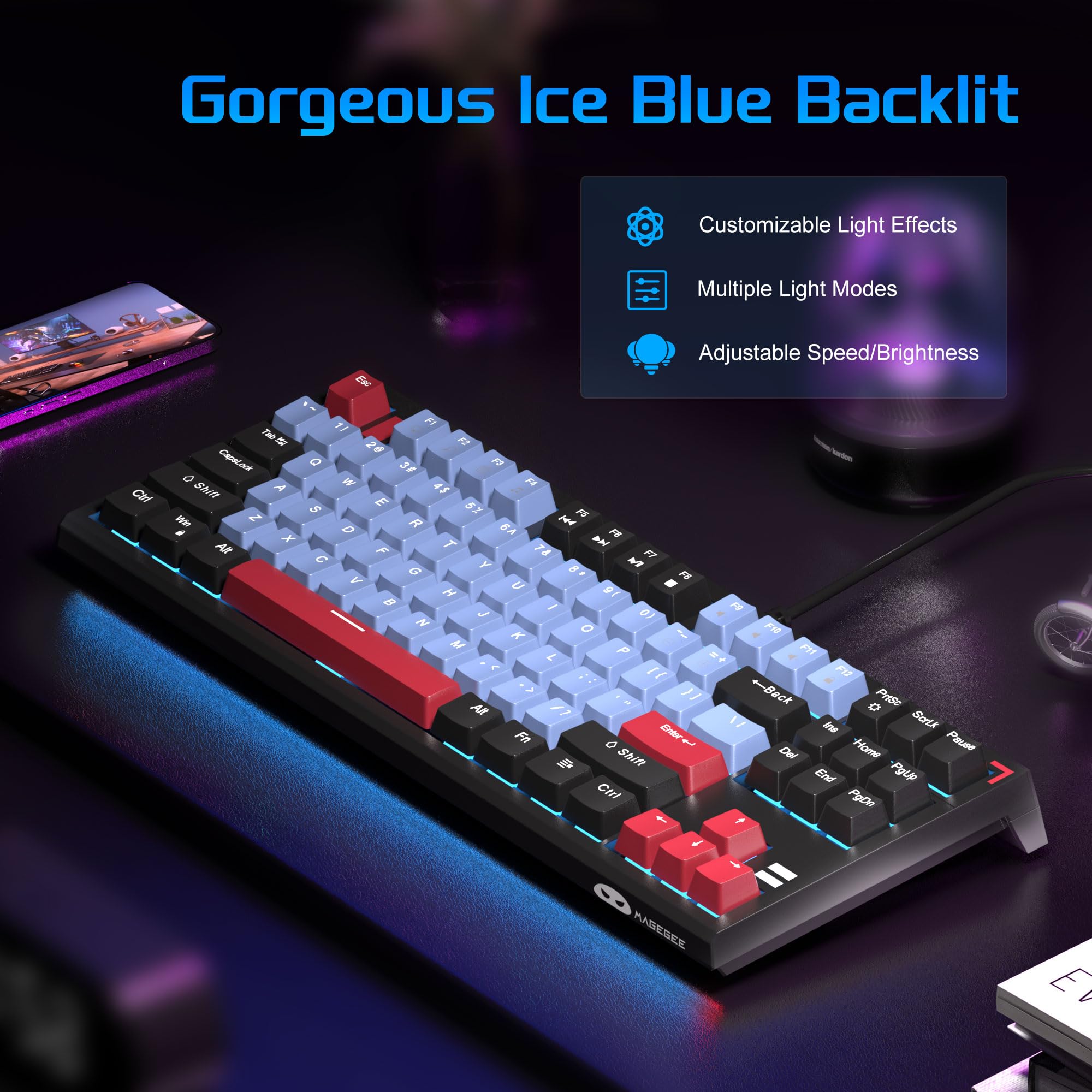MageGee 87-Key Mechanical Gaming Keyboard with Blue LED Backlit & Brown Switches for PC/Mac - Compact TKL Design for Office & Gaming