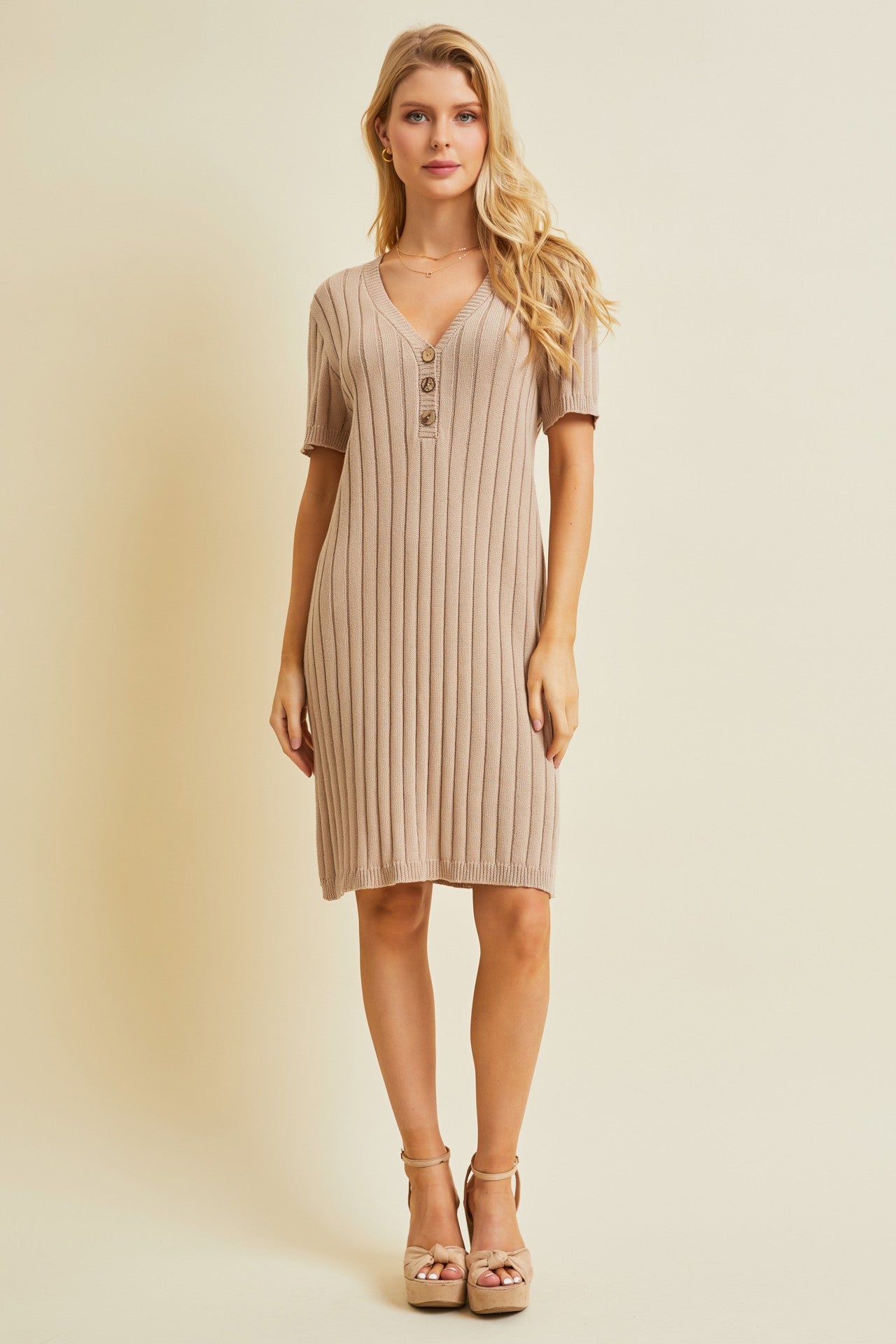 Beige Ribbed Knit Dress for Women - Stretchy Bodycon Midi Dress with Long Sleeves - Perfect for Fall/Winter, Date Night, Office Wear & Casual Outings