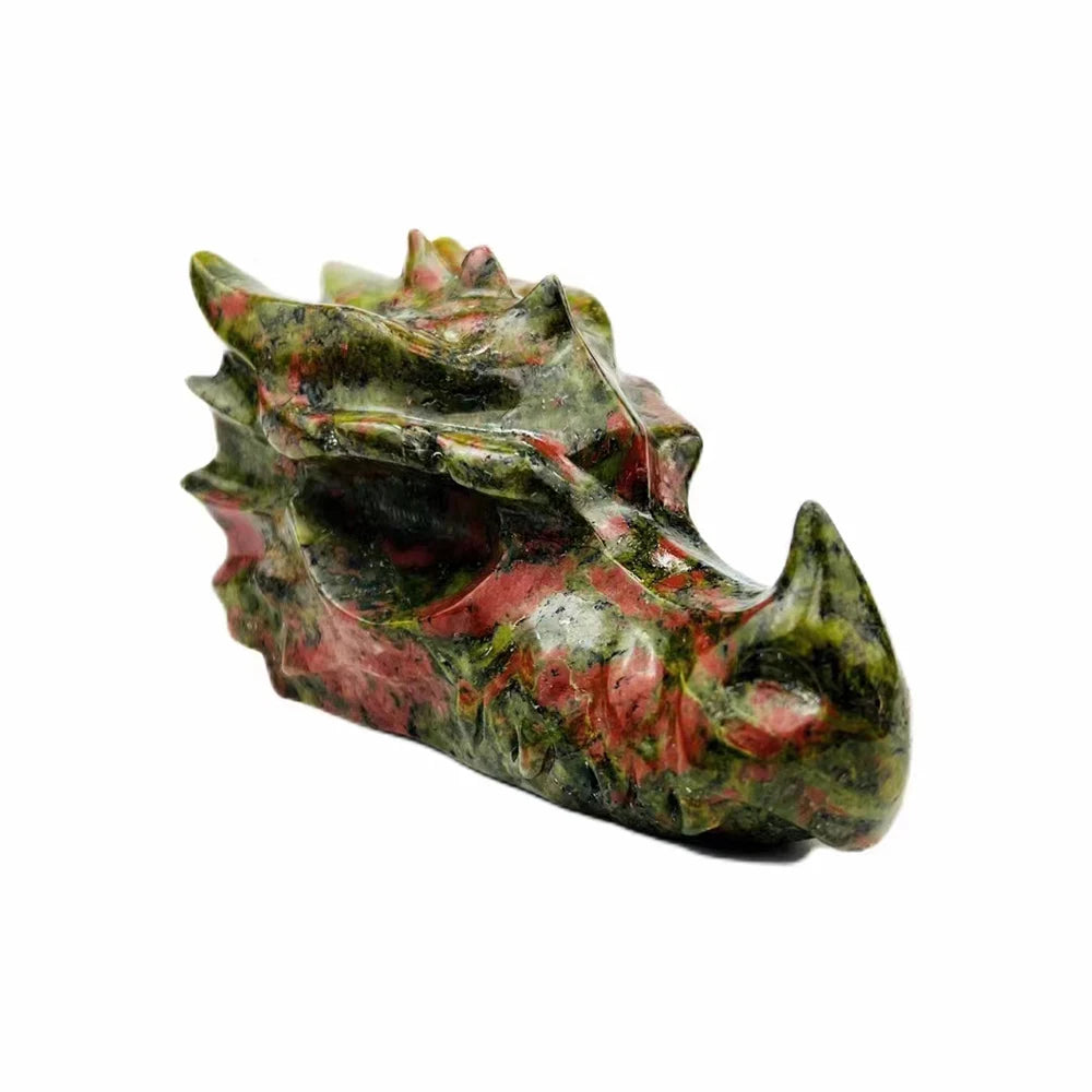 Custom Natural Crystal Dragon Skull Sculpture - Handcrafted Unakite Reiki Healing Stone for Men, Home Decor, Meditation Gifts & Spiritual Collection (Perfect for Feng Shui, Yoga Spaces & Man Cave Decor)