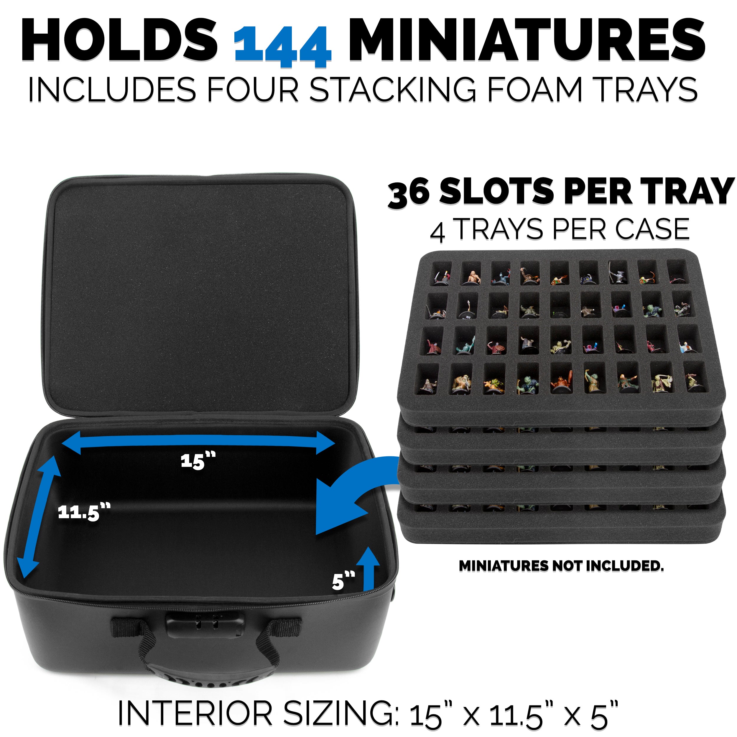 CASEMATIX 144 Slot Miniature Storage Case with Programmable Lock - 4 Foam Trays, Shoulder Strap for Mini Figures & Collectibles | Perfect for Tabletop Gaming, Warhammer, D&D Miniatures Storage & Transport
